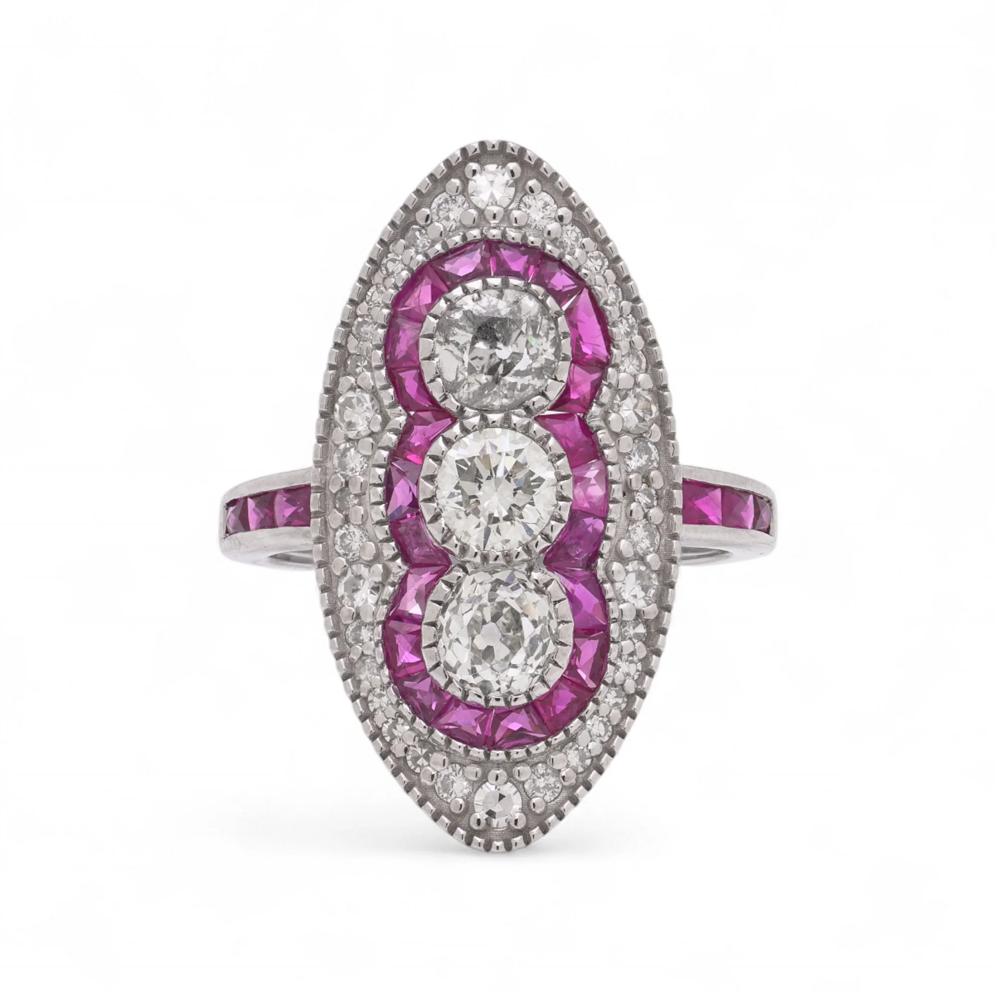 Art Deco Style Platinum1.12 ct.  Diamond and Pink Sapphire Marquise shaped cluster ring