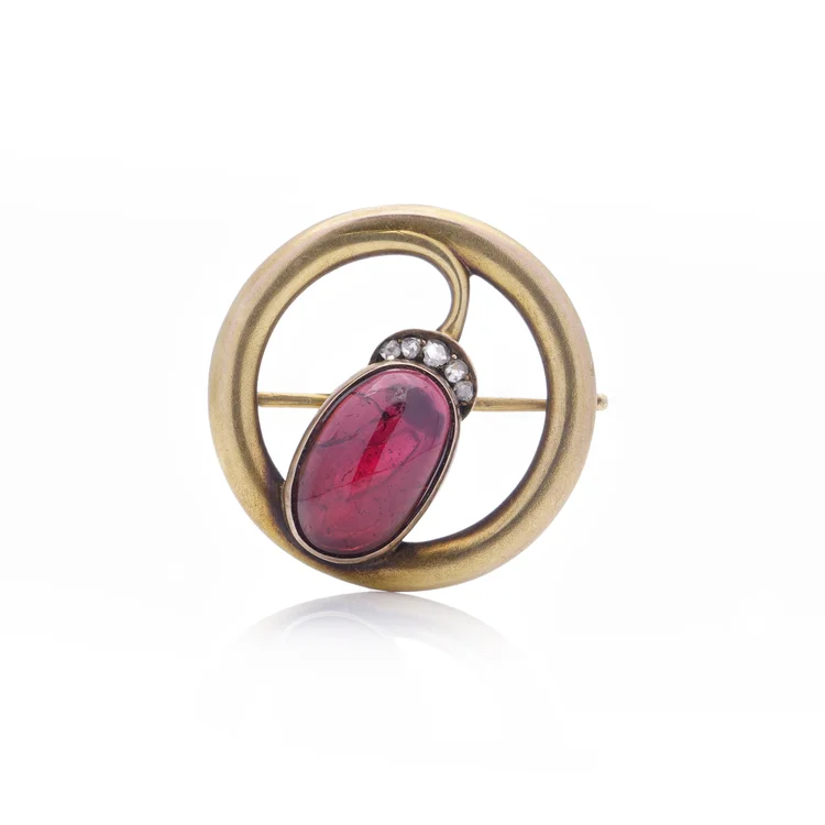 Karl Faberge Brooch 14KT gold oval cabochon amethyst and diamond.