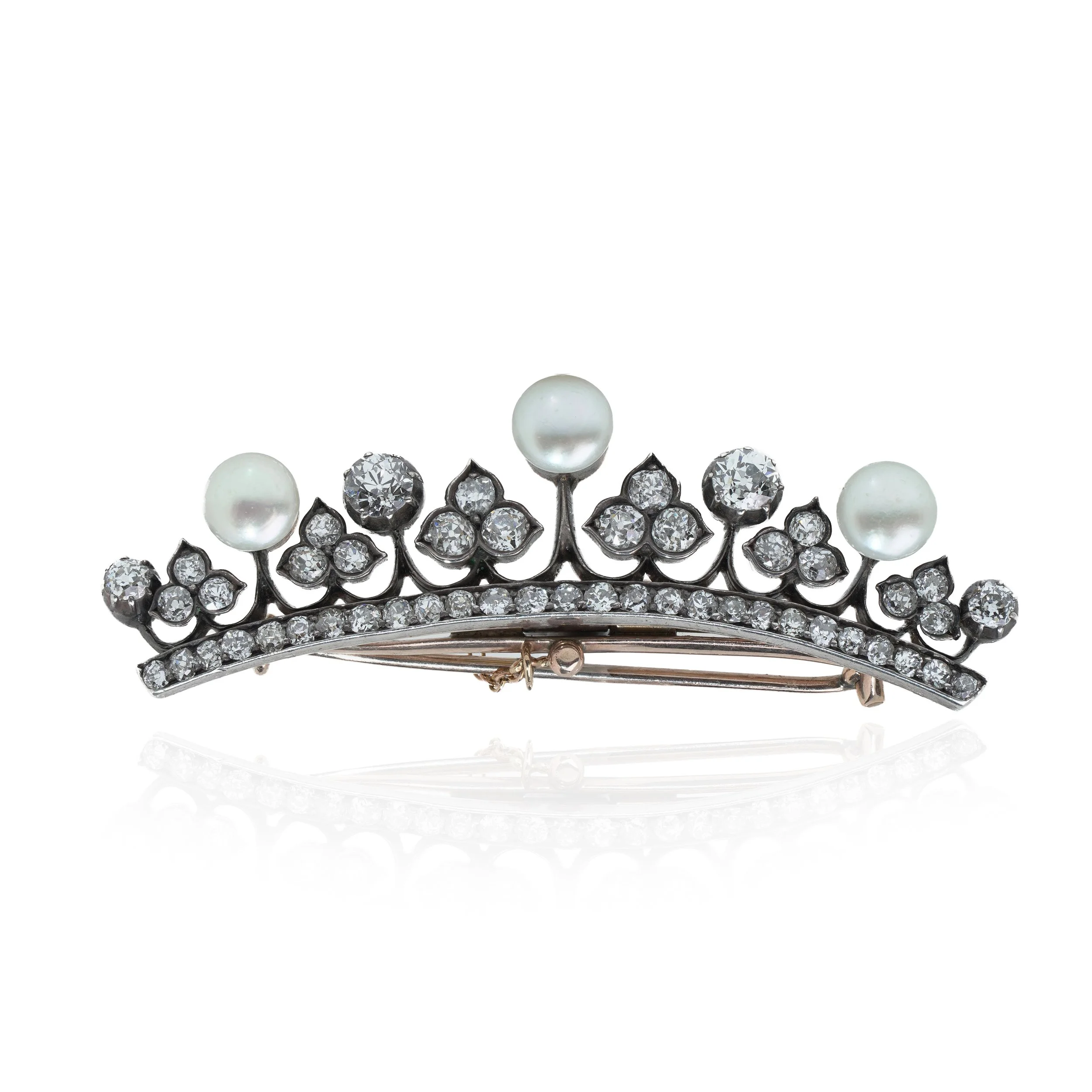 Victorian Diamond and Pearl Crown Brooch in 9KT Gold and Silver, Circa 1880s