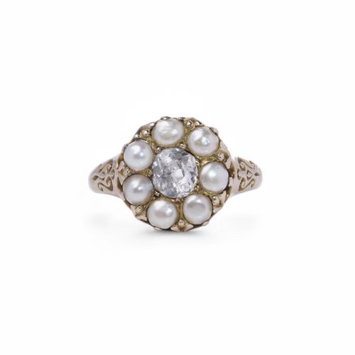 Antique 9KT Yellow Gold Pearl and Old Mine Diamond Cluster Ring