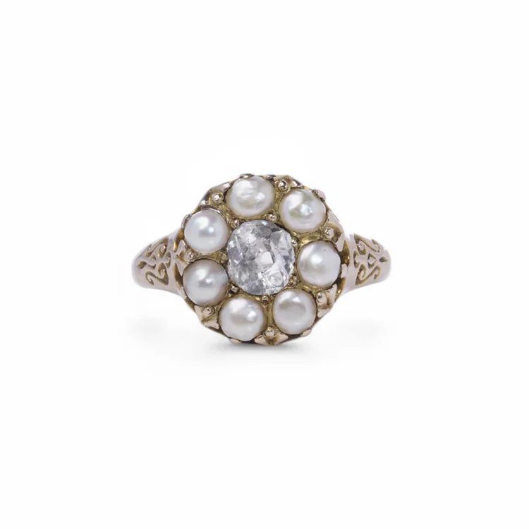 Antique 9KT Yellow Gold Pearl and Old Mine Diamond Cluster Ring