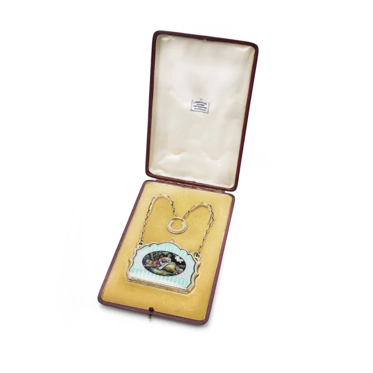 Sterling Silver and Guilloché Enamel Necessaire with Chain Handle.