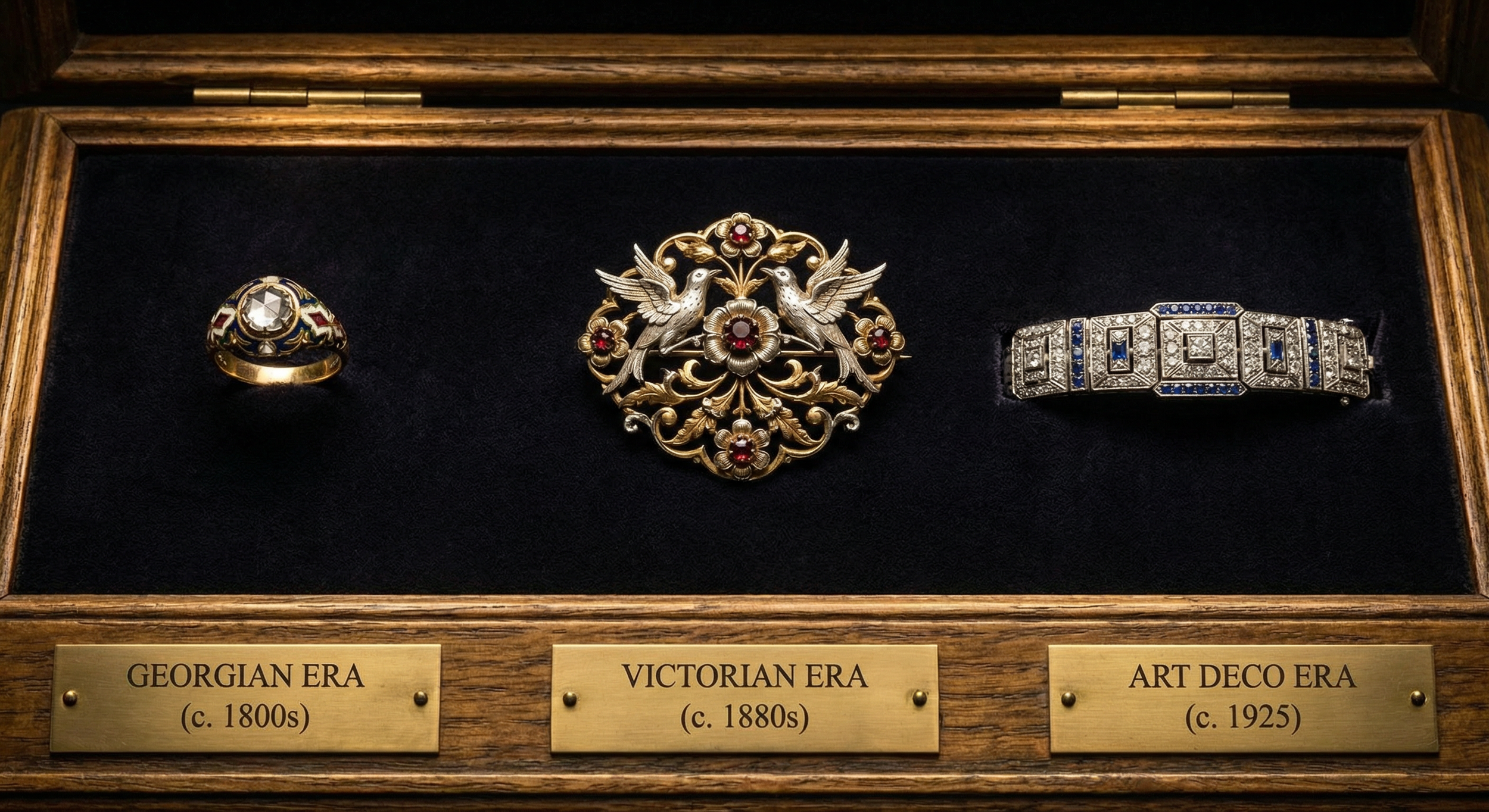 Timeline display of antique jewellery eras: Georgian ring with closed setting, Victorian brooch with romantic detailing, and Art Deco geometric platinum bracelet