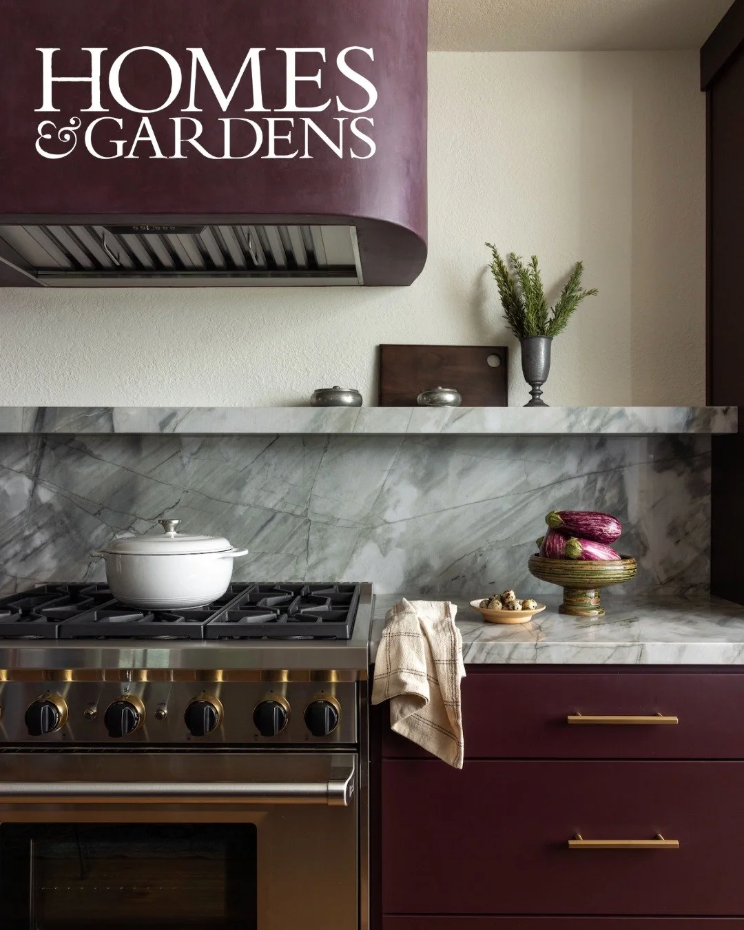 We&rsquo;re so excited to have our Fair Oaks Funk Kitchen featured in the May issue of Homes &amp; Gardens. The article In Living Color showcases the statement combination of Farrow &amp; Ball Brinjal cabinetry with Aqua Bello quartzite countertops, 