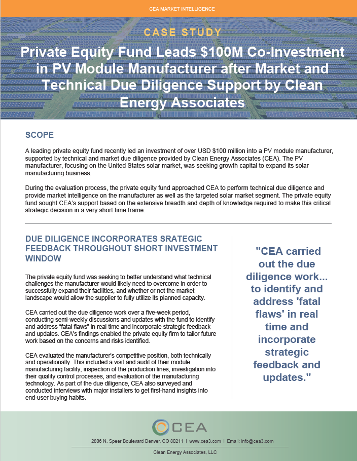 Private Equity Fund Leads $100M Co-Investment in PV Module Manufacturer  after CEA's Due Diligence Support — Clean Energy Associates