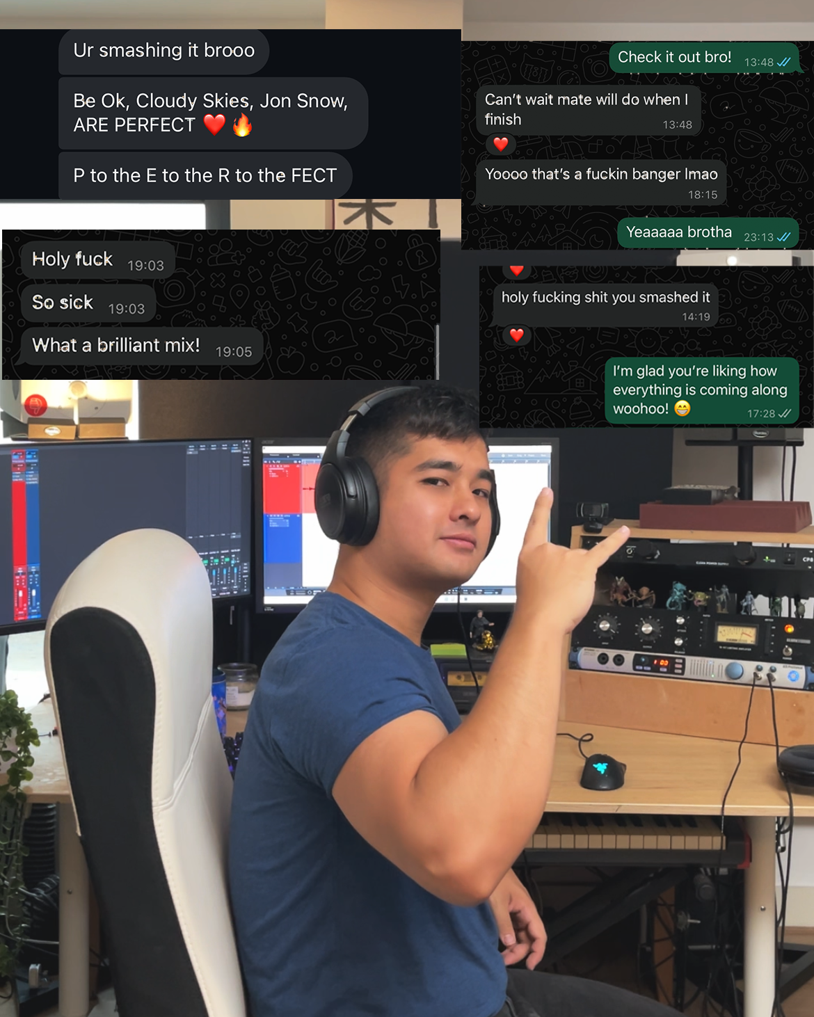 A young man sitting in a music studio, wearing headphones and making a peace sign gesture. Behind him are multiple computer monitors, audio equipment, and a turntable.
