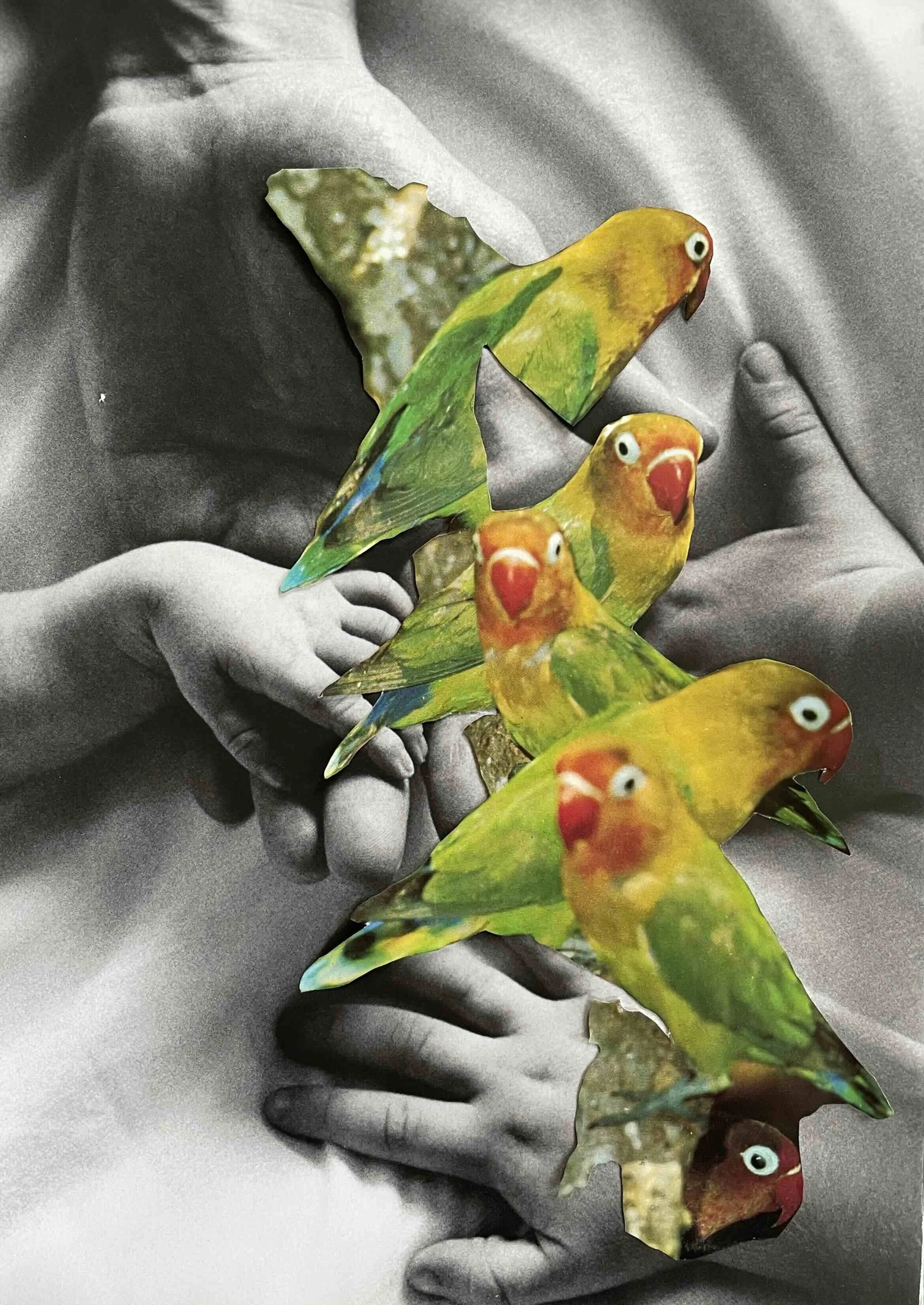 Contemporary analogue collage 'Flight Risk' by Nicola Bouwer, 13.5 x 13 cm, unframed, layered imagery suggesting movement and ascent.