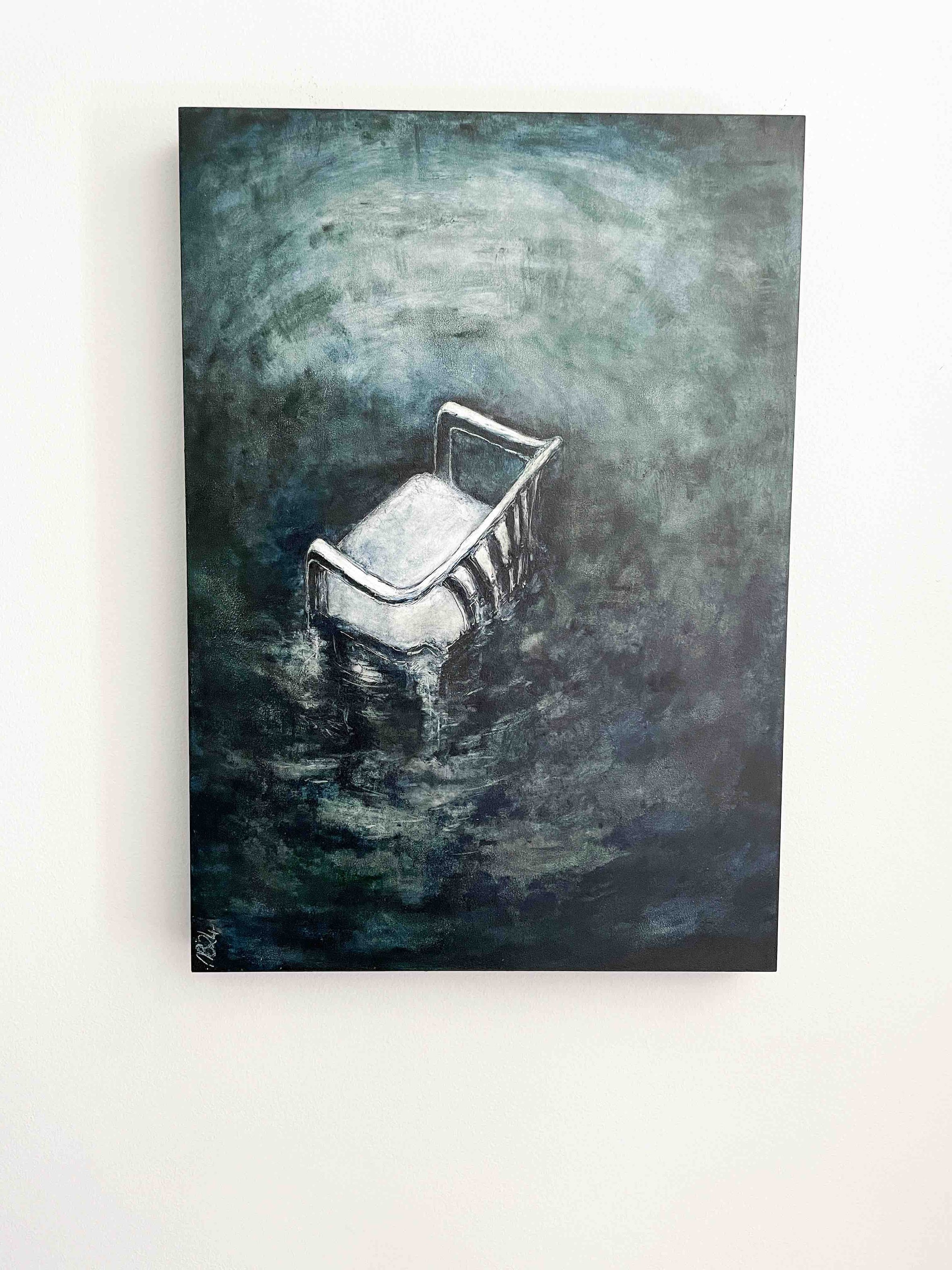 unframed oil painting titled 'you may need to sit down for this one' by nicola bouwer, measuring 59.5x42x4.5cm