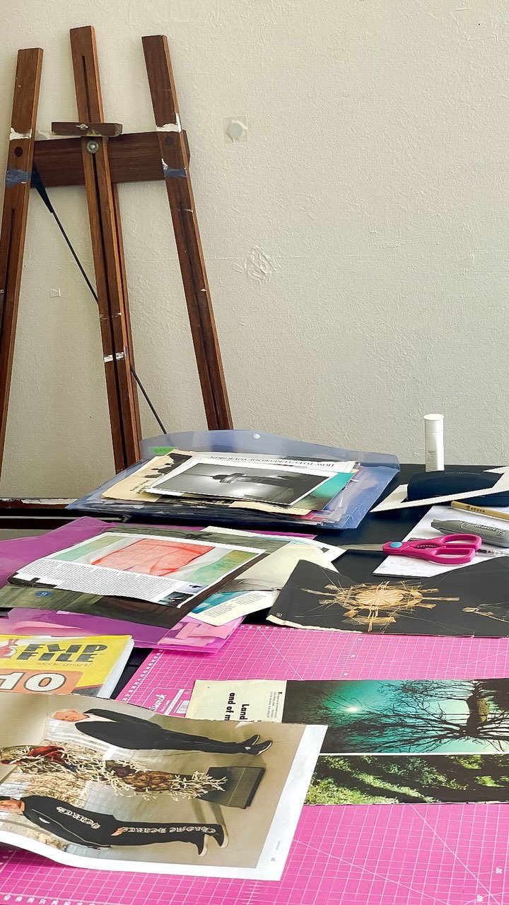 Handmade paper collage work in progress on studio table at August House, Johannesburg, by contemporary artist Nicola Bouwer.
