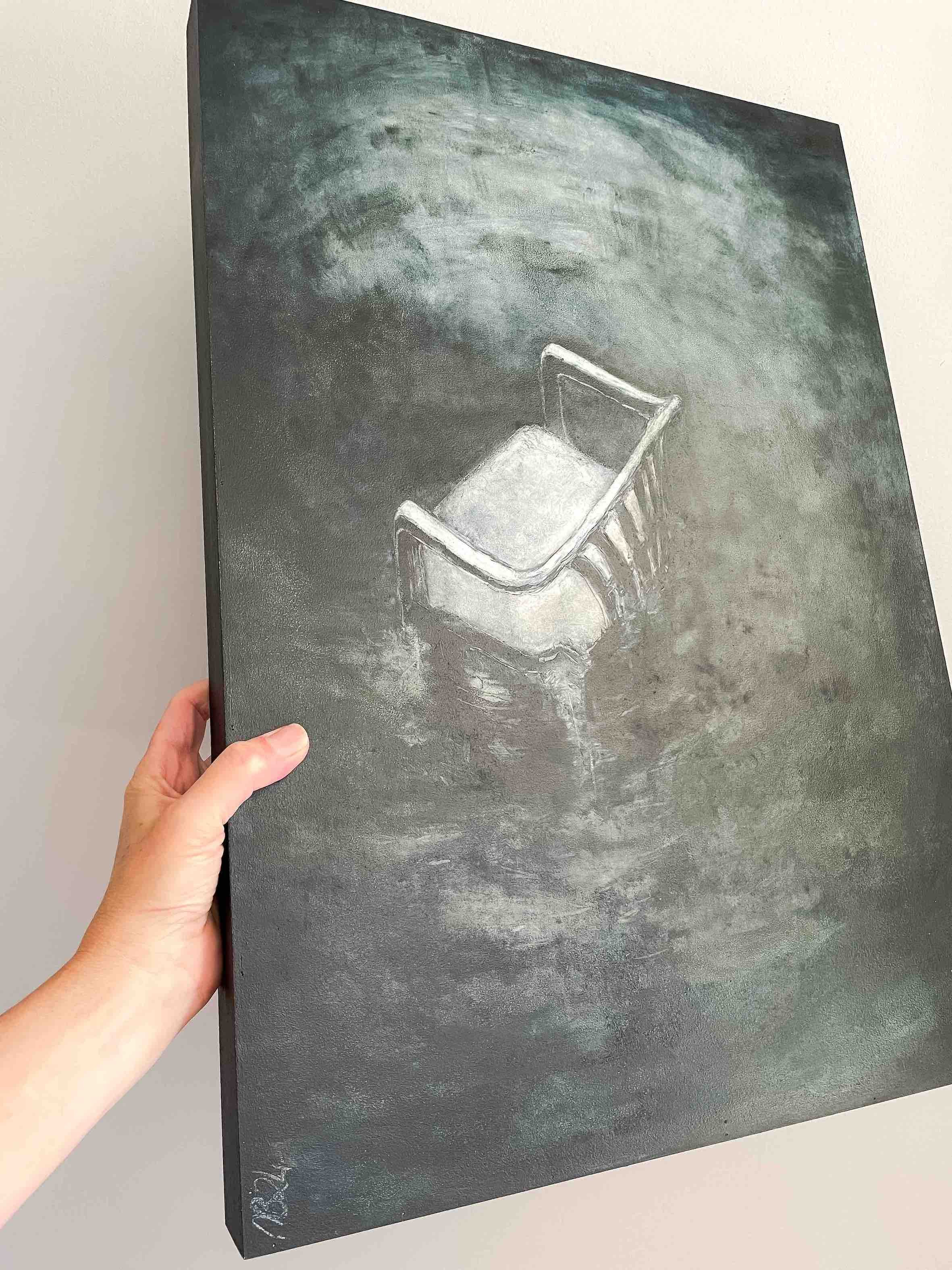 unframed oil painting titled 'you may need to sit down for this one' by nicola bouwer, measuring 59.5x42x4.5cm