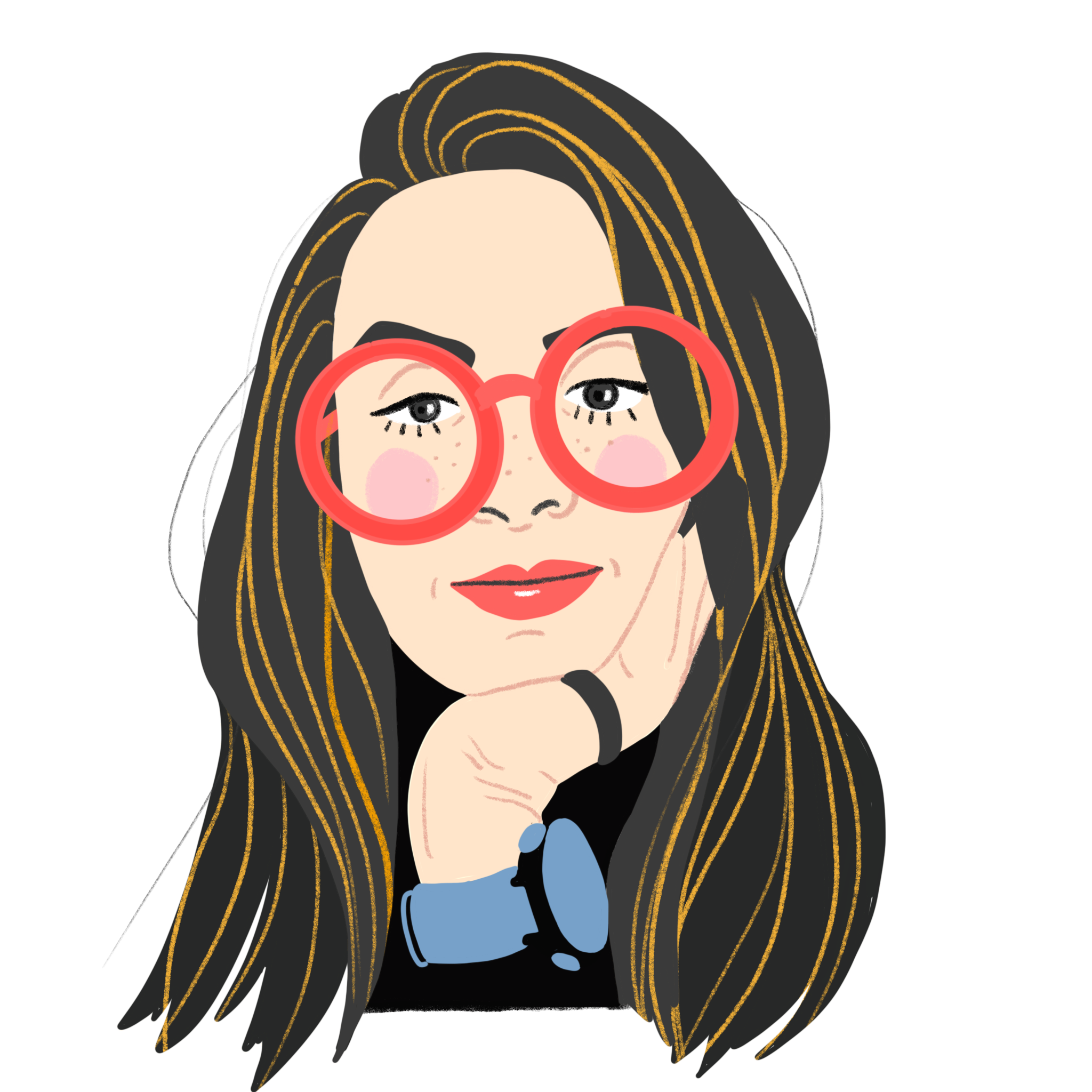 Illustration of a woman with long hair and big red glasses, resting her chin on her hand.
