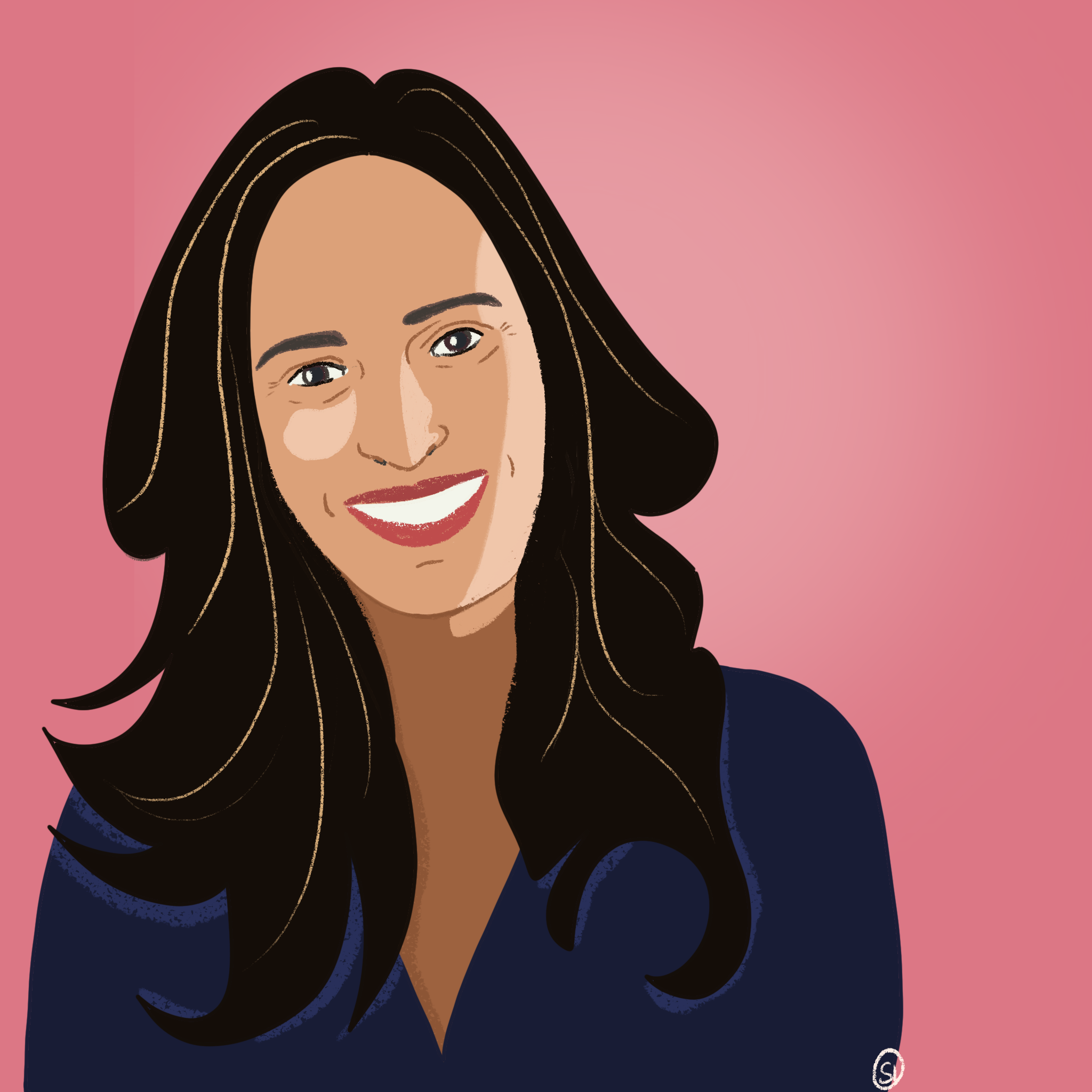 Illustration of a smiling woman with long dark hair against a pink background. She is wearing a dark blue top.