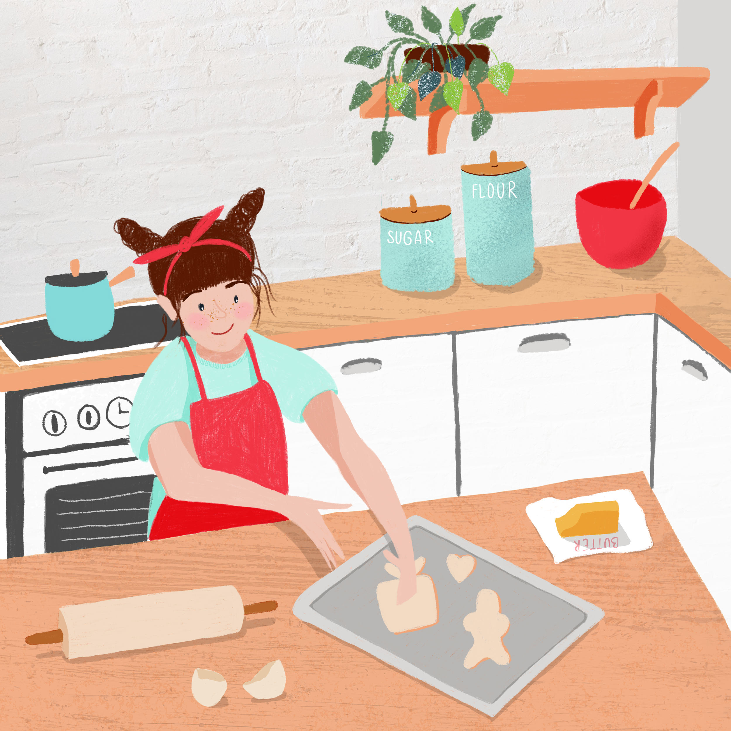 Illustration of a girl in a kitchen making cookies. She wears a red apron and headband, using cookie cutters on dough. There are ingredients like sugar, flour, butter, and kitchen tools around. A pot is on the stove, and a plant sits on a shelf.