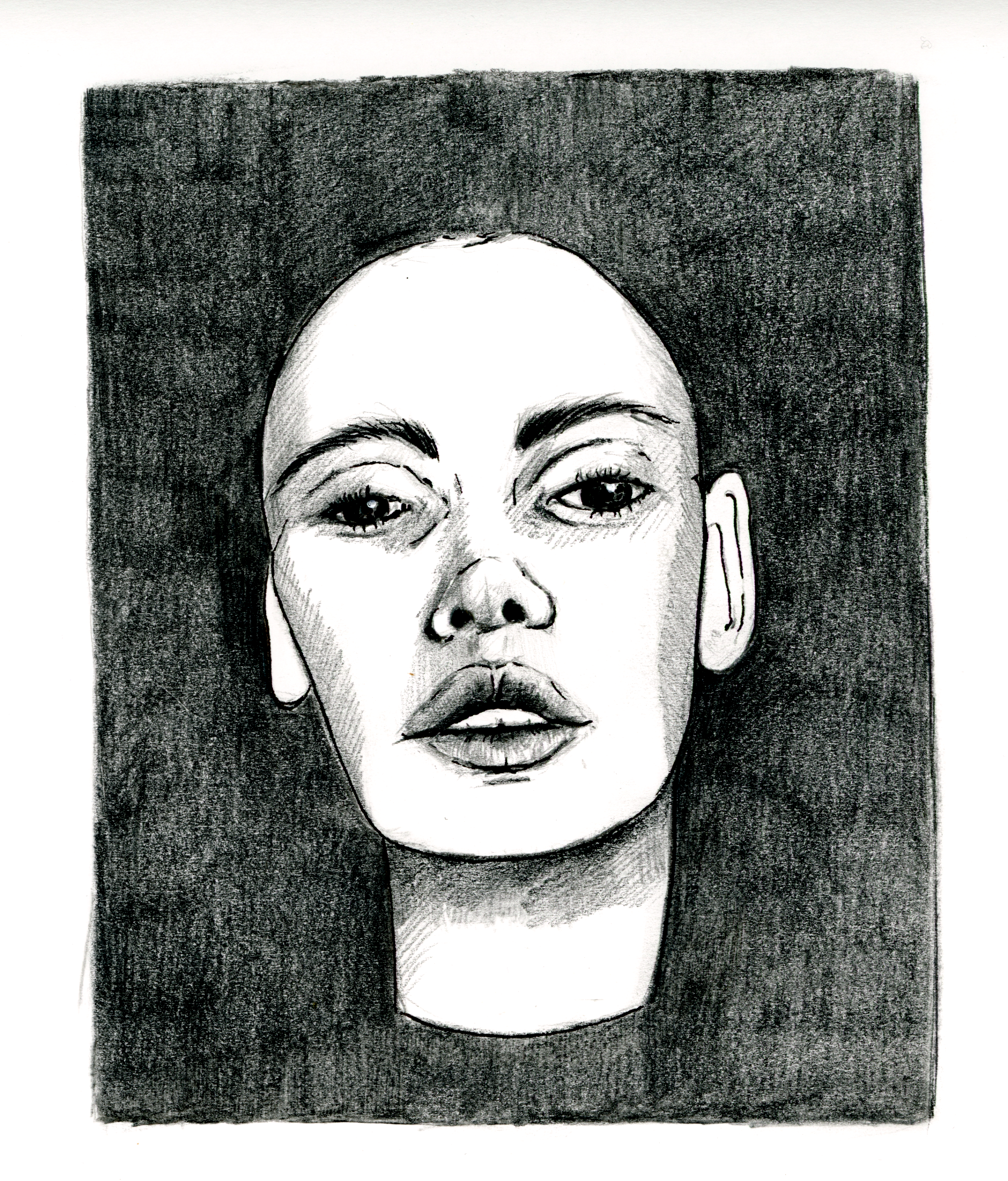 Black and white charcoal drawing of a woman's head with strong facial features, set against a dark background.