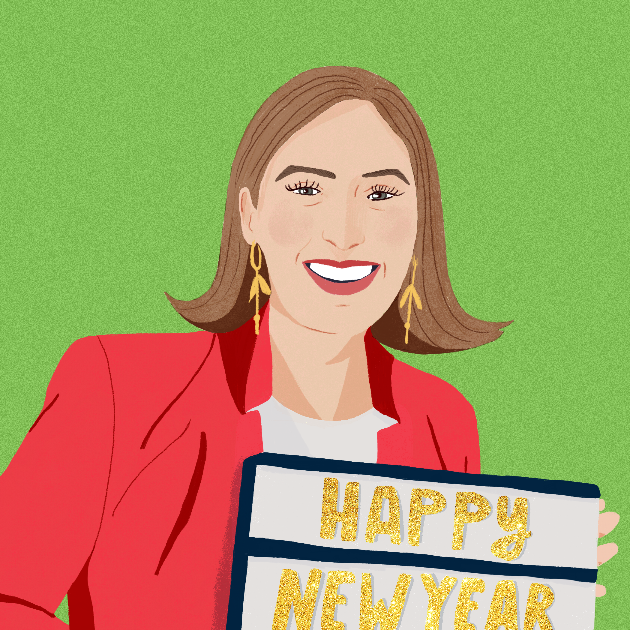 Illustration of a woman with brown hair, wearing gold earrings, a red blazer, holding a sign with glittery text reading 'Happy New Year' on a green background.