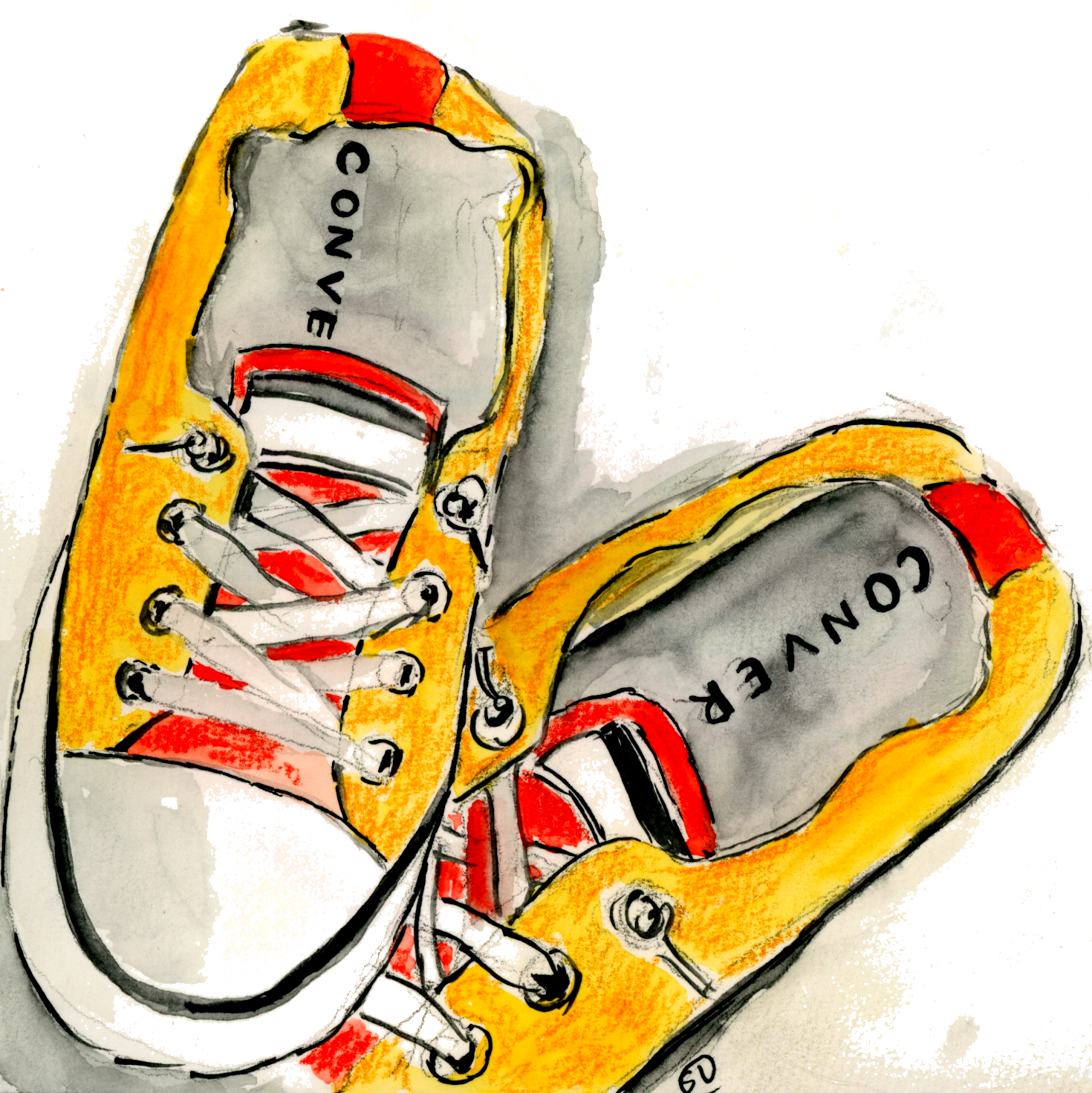Illustration of yellow Converse sneakers with red and white accents, showing shoelaces and brand name.