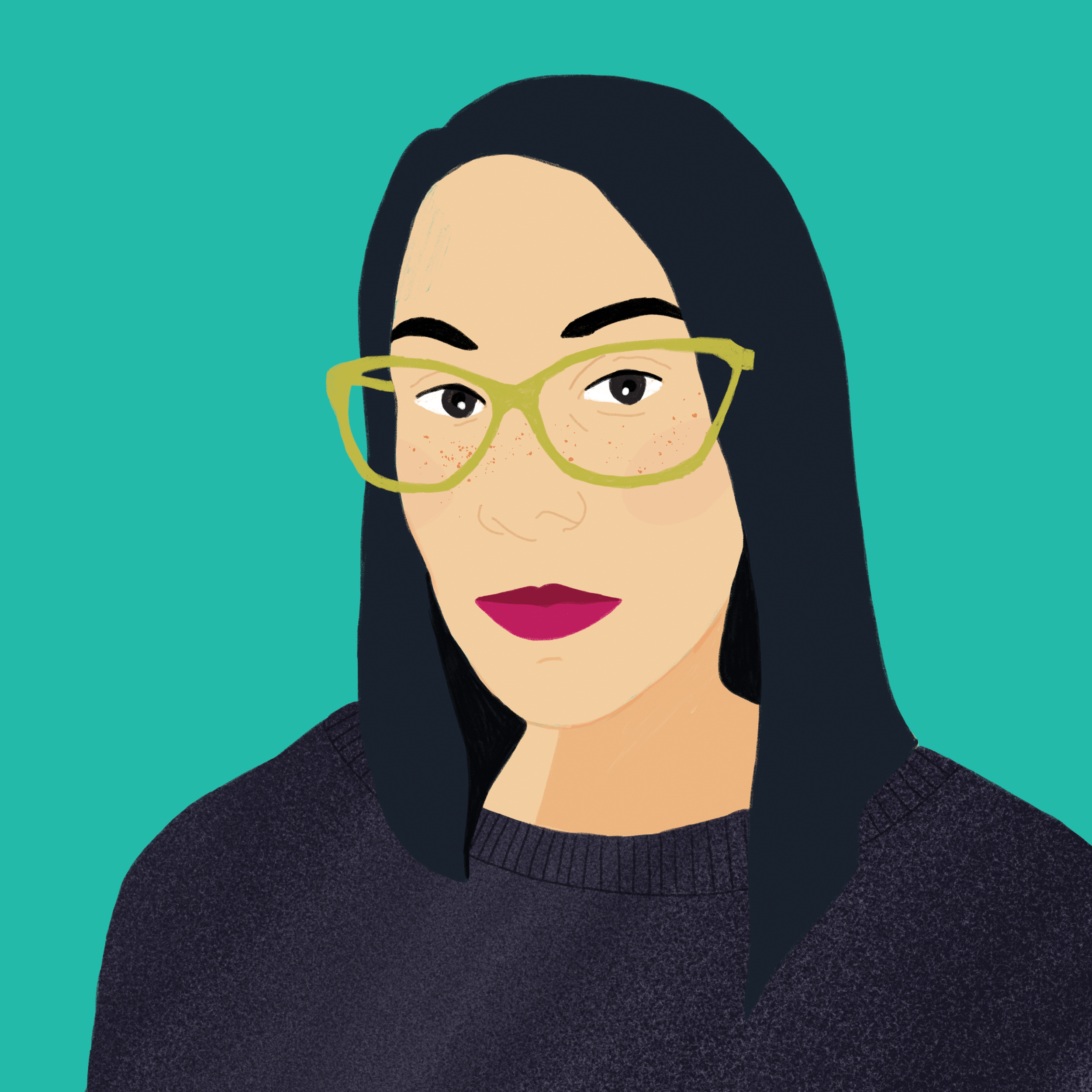 Illustration of a person with long dark hair, wearing glasses, and a dark sweater on a turquoise background.