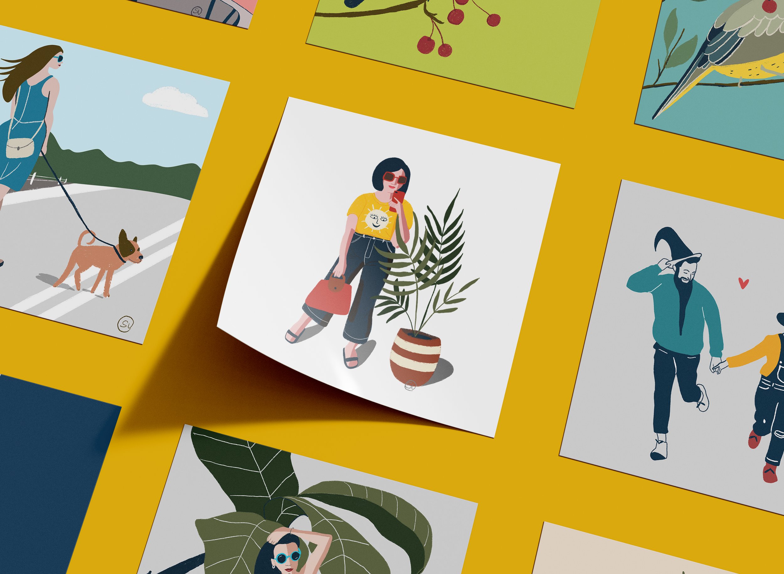 Illustrated art pieces on a yellow background featuring various colorful scenes, including a woman walking a dog, a woman posing with a potted plant, and two people holding hands.