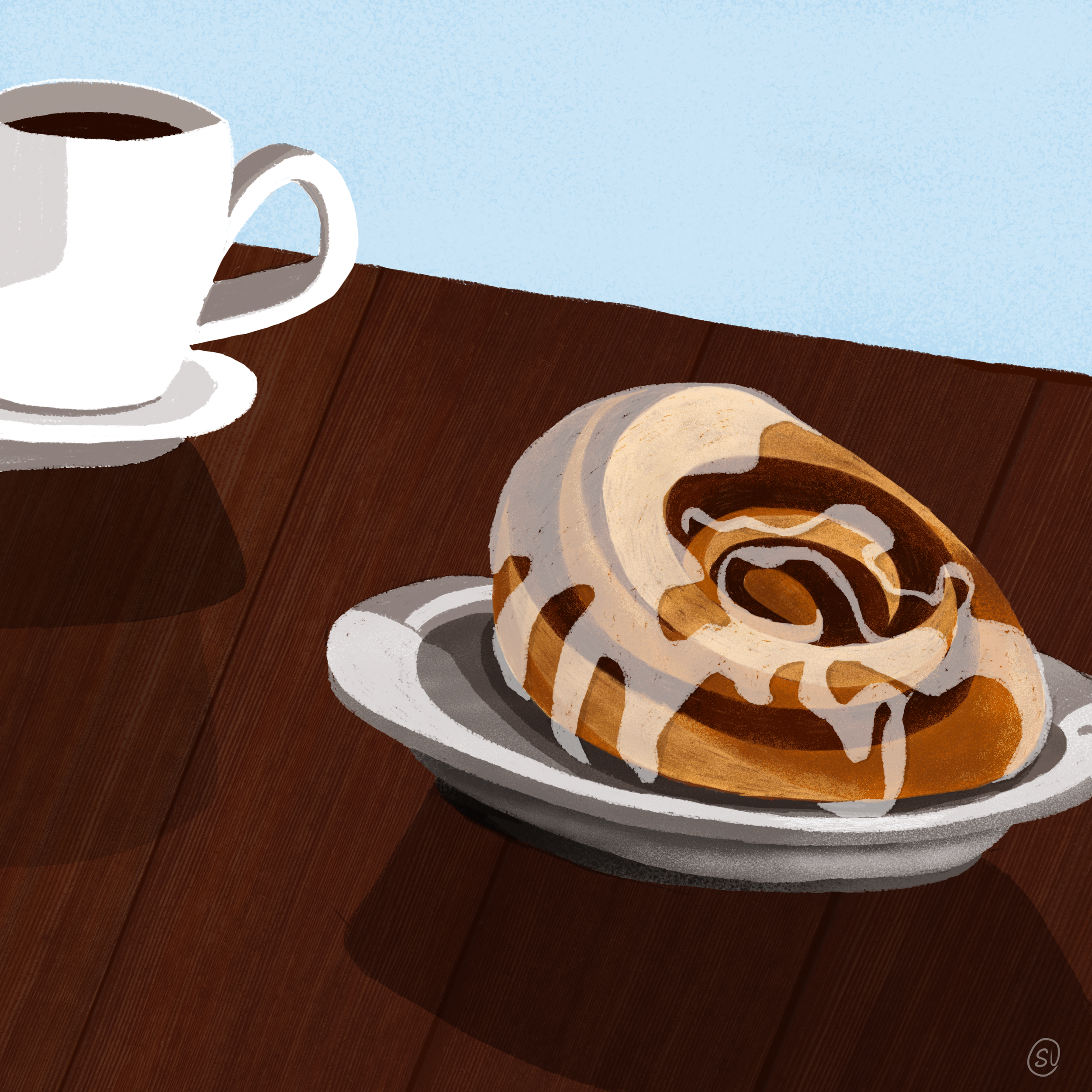 Illustration of a cinnamon roll with icing on a plate next to a cup of coffee on a wooden table.
