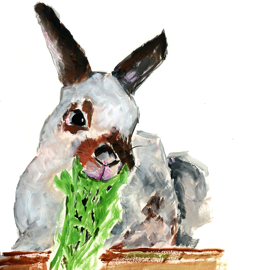 Painting of a rabbit eating lettuce