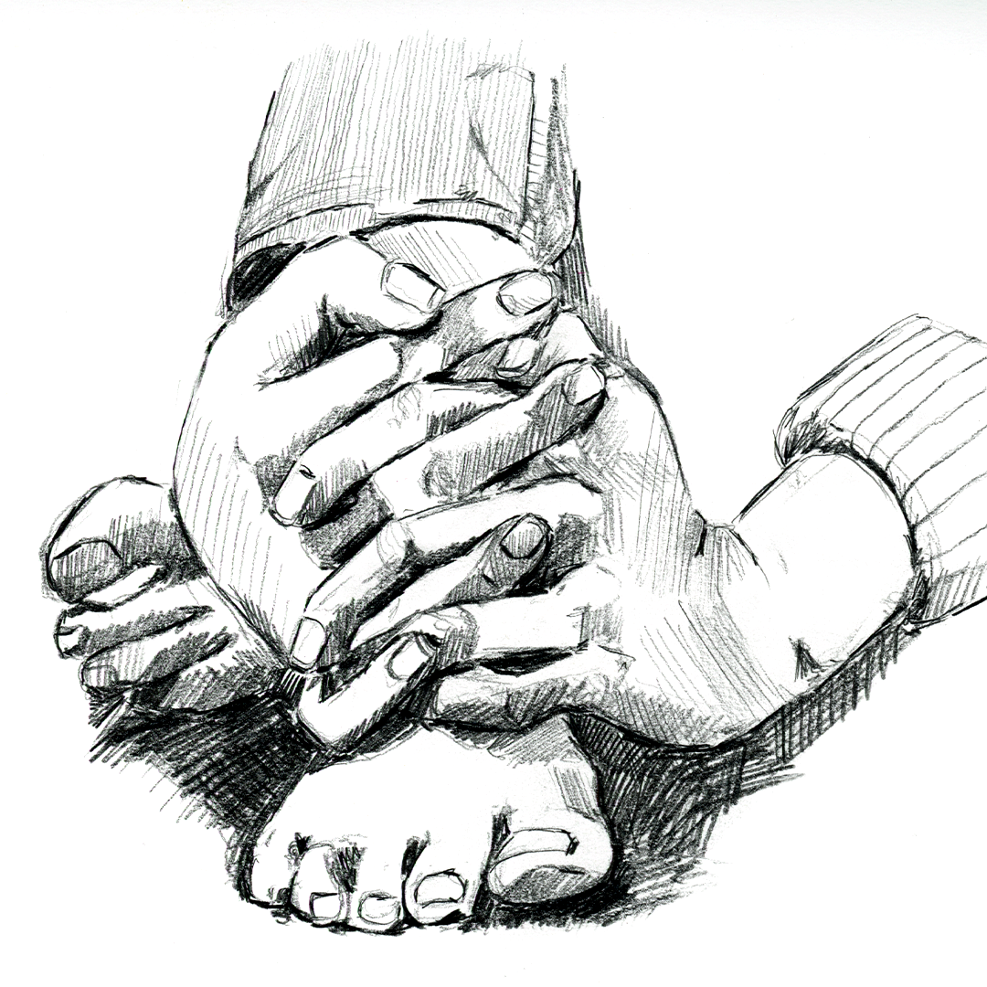 Sketch of multiple hands gently holding feet, suggesting care and comfort.