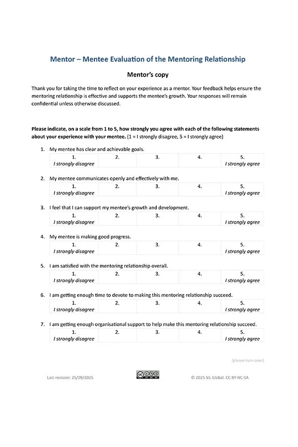 Mentor Mentee Evaluation of Relationship - Mentors