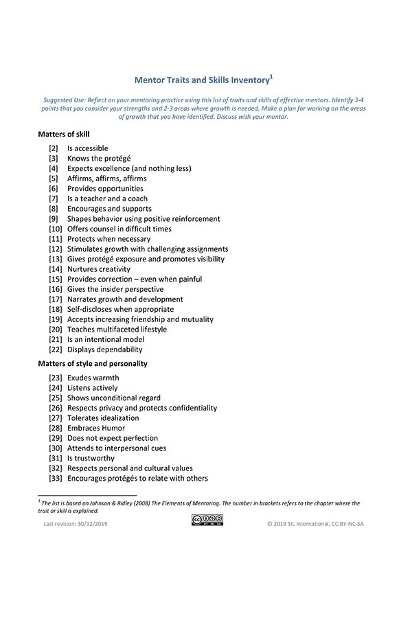 Mentor Traits and Skills Worksheet