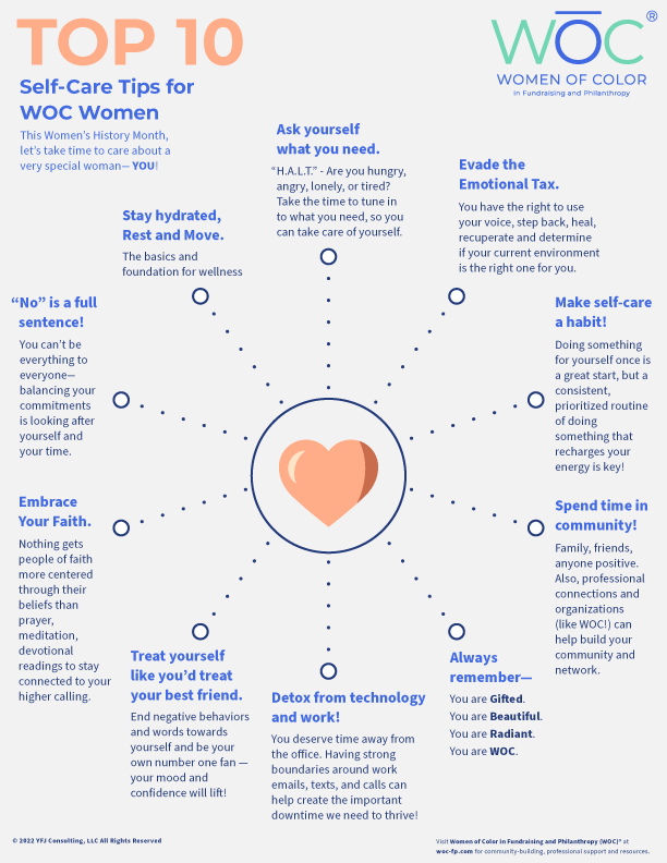 dommer Blandet Møde Infographic: Top 10 Self-Care Tips for WOC Women — Women of Color in  Fundraising and Philanthropy (WOC)®