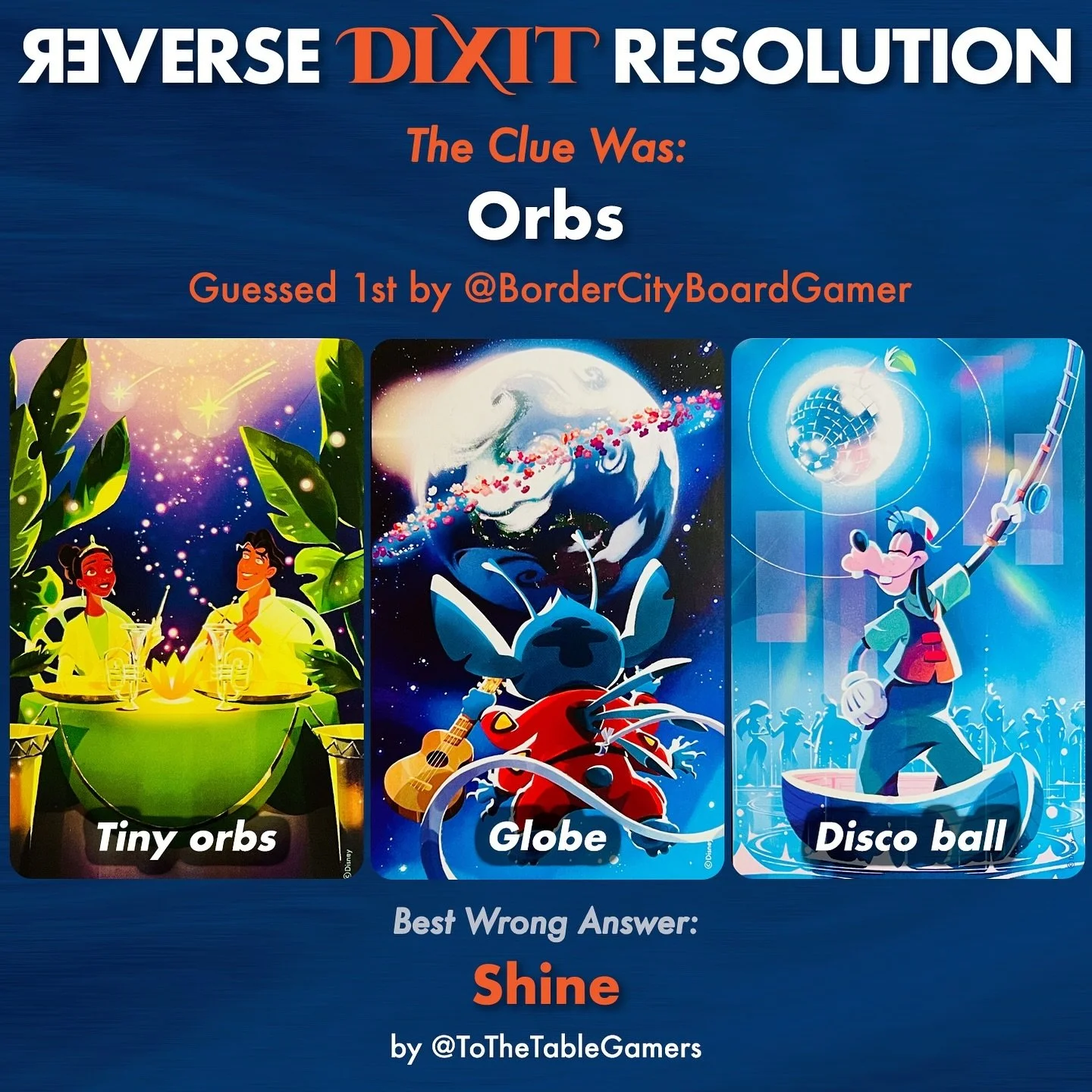 🔄 REVERSE DIXIT Resolution: The clue was “Orbs.”
🏆 @BorderCityBoardGamer was the 1st to guess correctly & earns 3 points.
🏅 Only one other person also got it right & earns 1 point: @CampingMeeple.
😇 I earn 2 points for having
