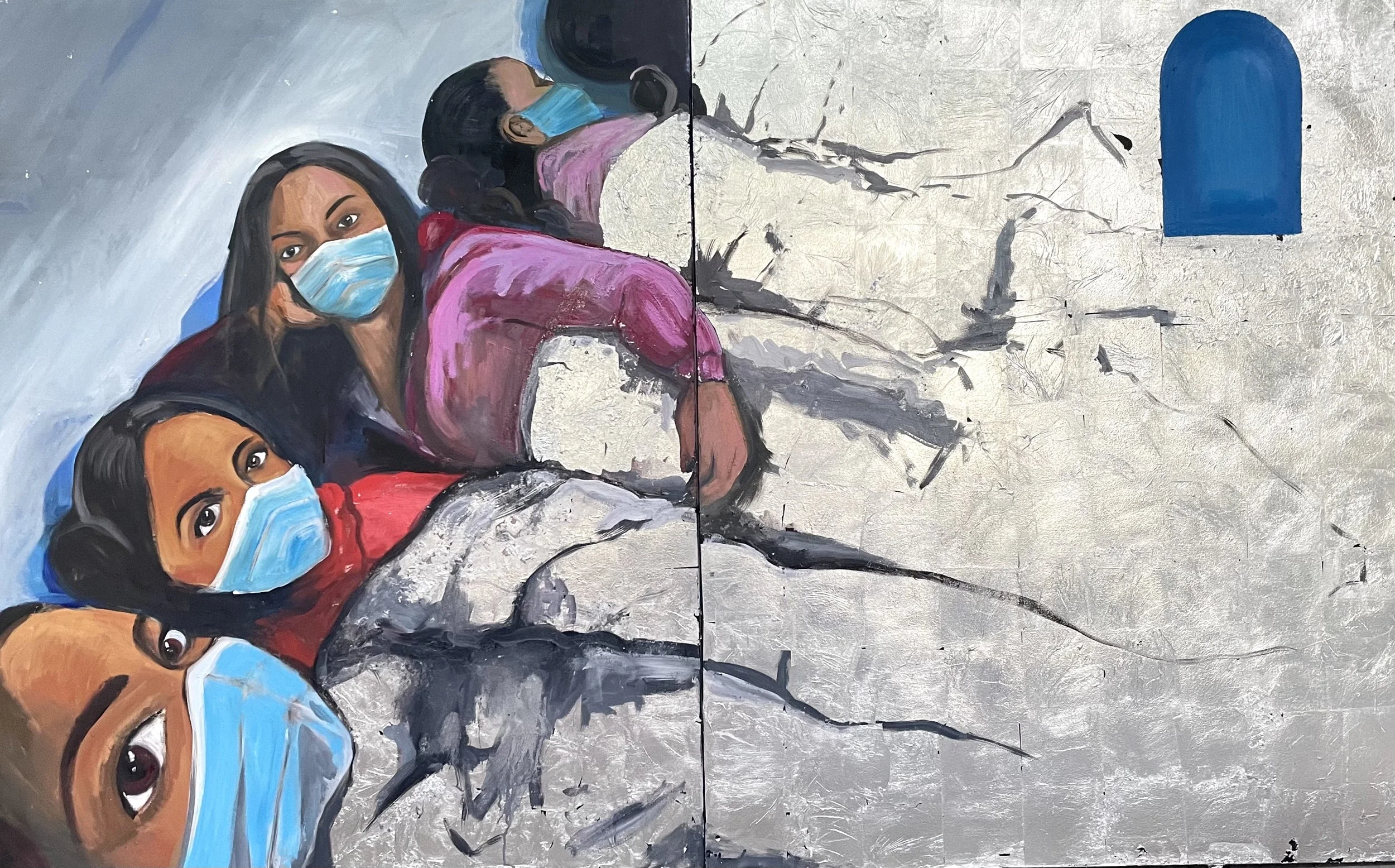 Seeking Asylum 90x 60 in. Oil and Silver Leaf on canvas 2021