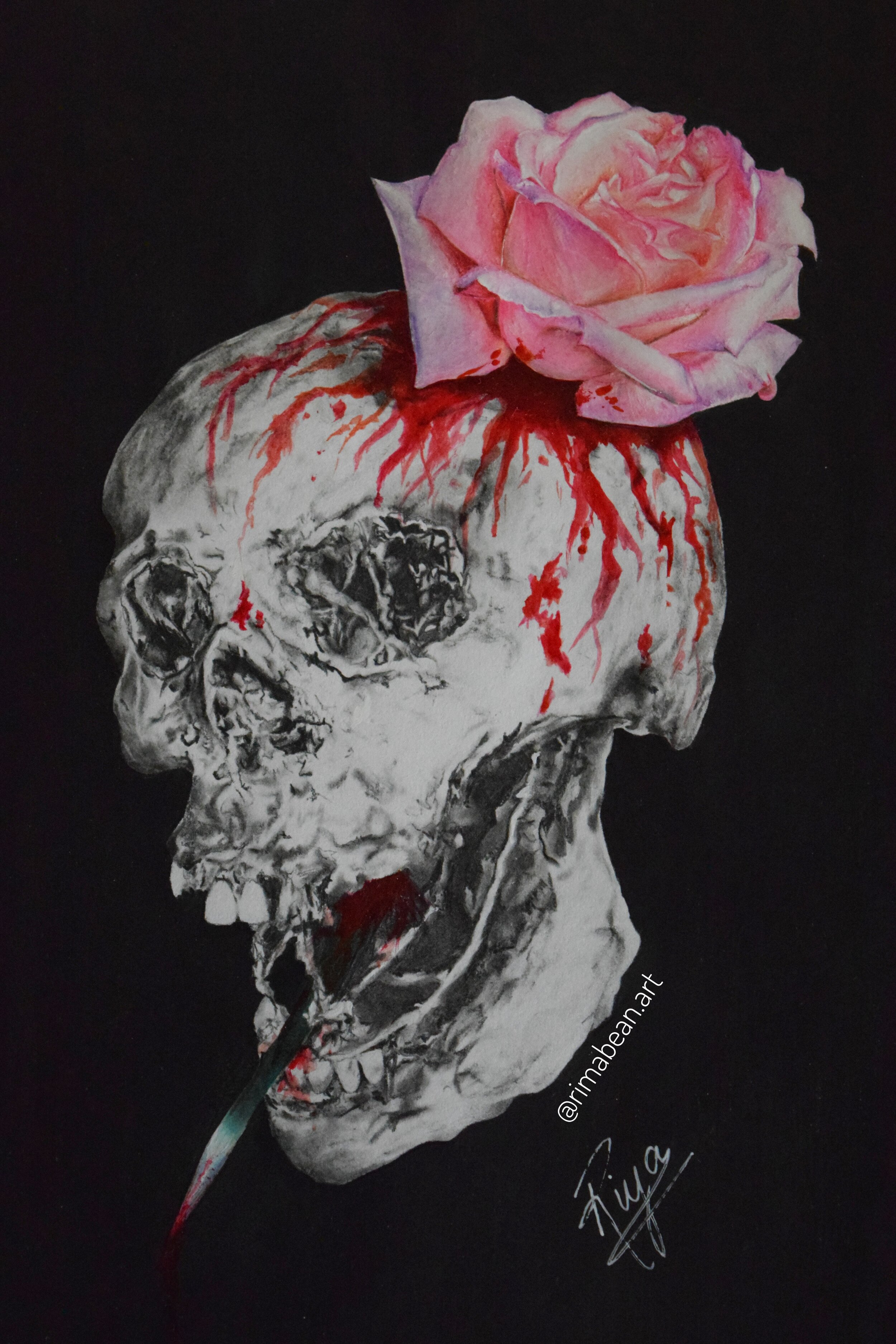 “Rosy Horror” by Riya MathewSocial media (Instagram): @rimabean.artMedium of artwork: Graphite, Coloured pencils, & Acrylic paint -
