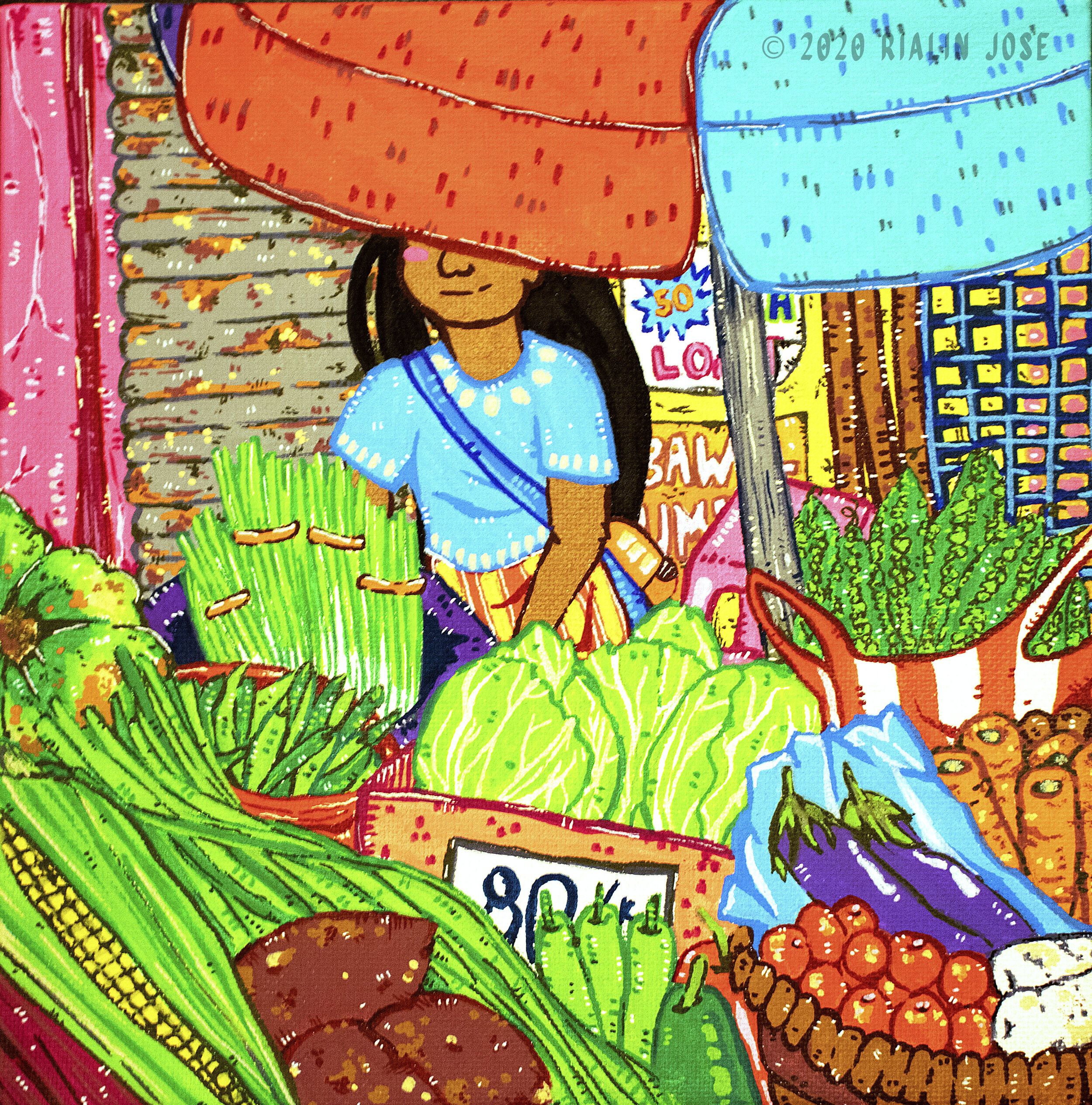 "Gulay Girl (Vegetable Girl)" by Rialin Jose Find her on: Twitter and Instagram Medium: Paint marker & acrylic on 8x8" canvas