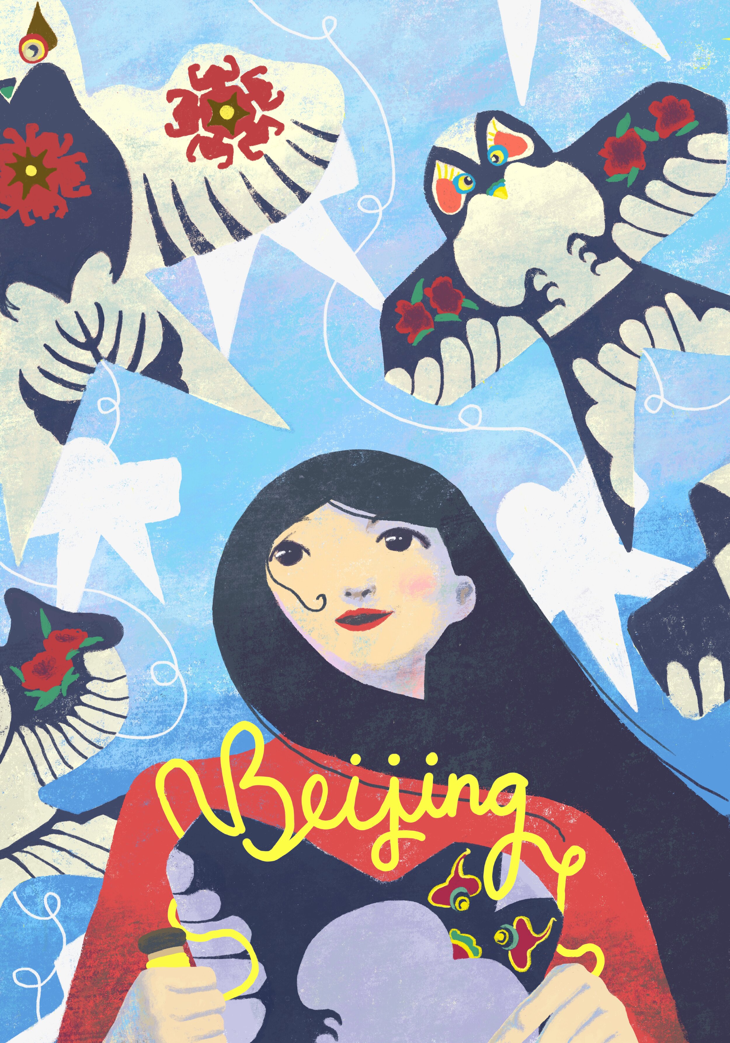 “Beijing” (2020) Digital - This piece was inspired by my childhood memories in Beijing. My family is from Beijing but I only moved there when I was ten years old. Although I felt alienated from the culture at times, I remember the awe I would feel when I would fly Chinese kites with my mom, looking up at the beautiful designs soaring up in the sky above me while the wind blew the kites away into the horizon.