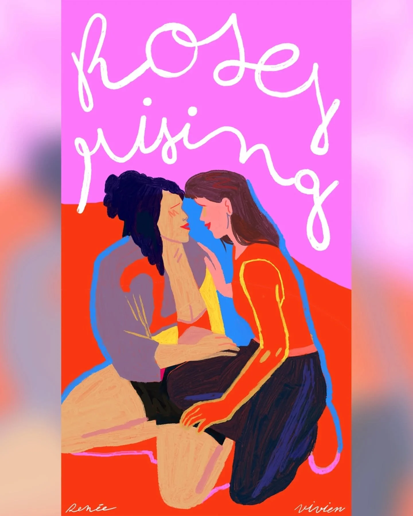 April 26 was Lesbian visibility day over the word 🔥 so I drew some illustrations to celebrate 💜 
This one is inspired by the movie 'Loves Lies Bleeding' and the poem 'Roses Rising' by the author Ren&eacute;e Vivien.