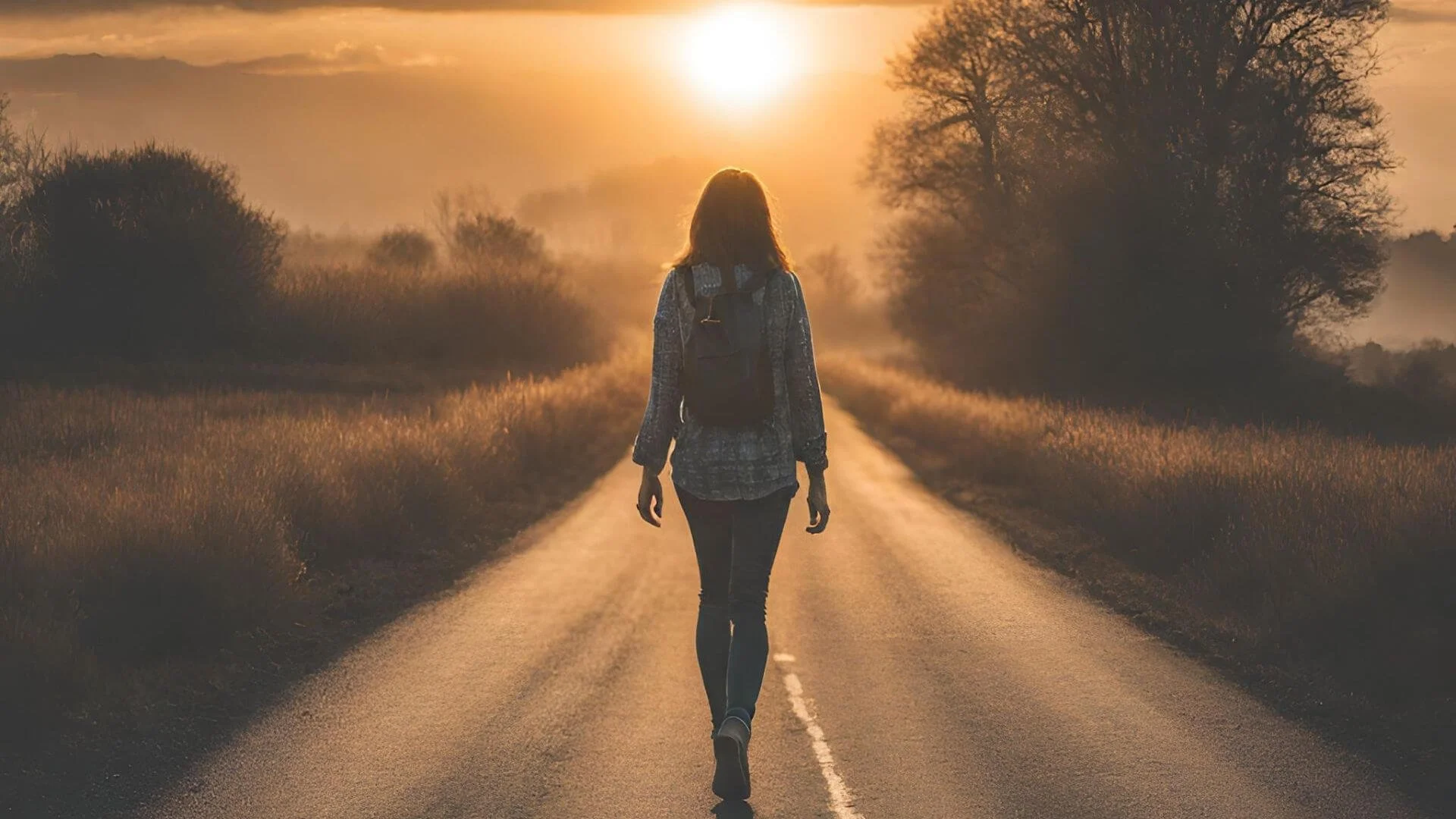 Woman silently walking down the road as sun comes up.