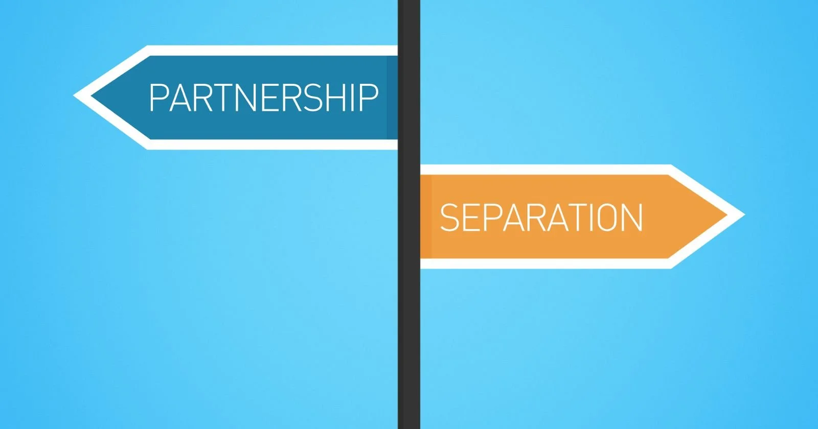 Illustration with two signs saying partnership and separation demonstrating the disadvantages of a business partnership.