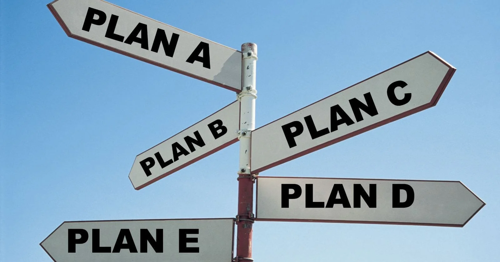 Sign with Plan A, B, C, D, going in all different direction to demonstrate various marketing plans and strategies.