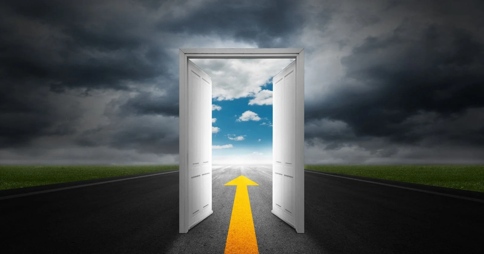 Open door into sun amidst dark clouds demonstrates that burnout and working women open doors to new opportunities.