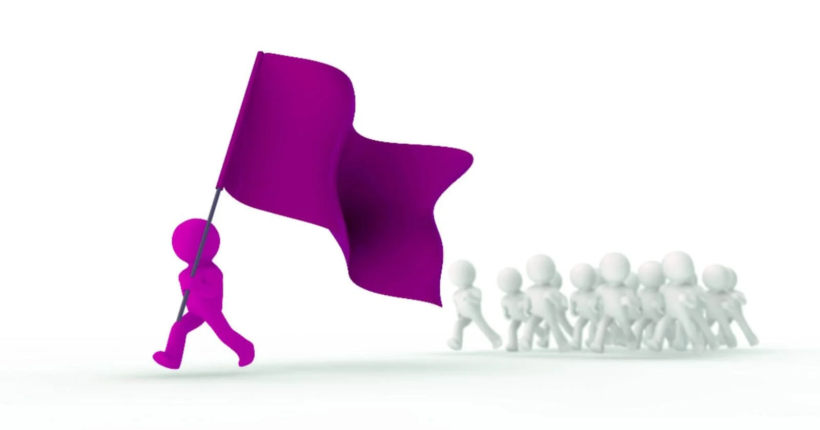 Illustrated purple figure with flag leads a group of smaller figures walking demonstrating how can you be a leader when you're not the boss.