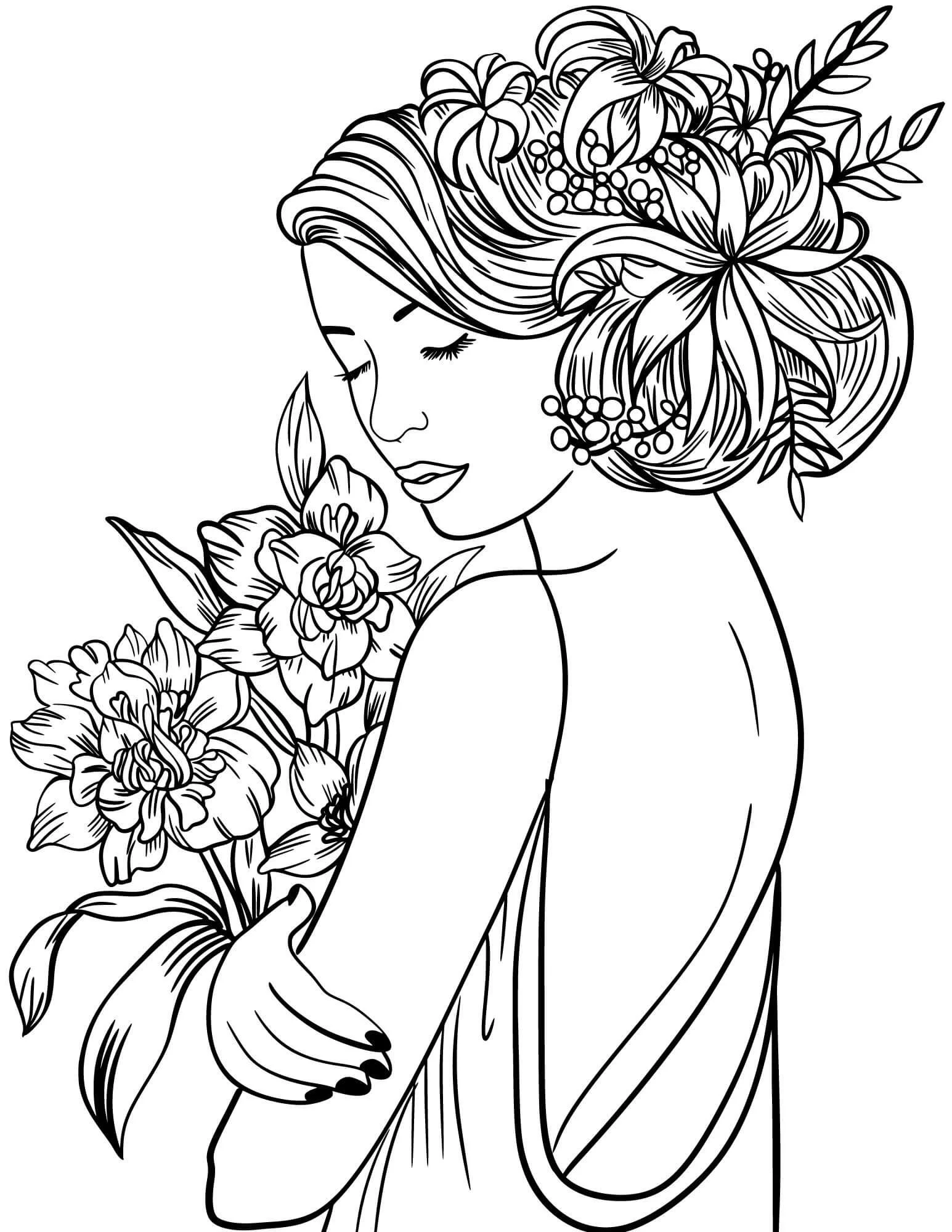 Downloadable free adult coloring page of beautiful woman with flowers.