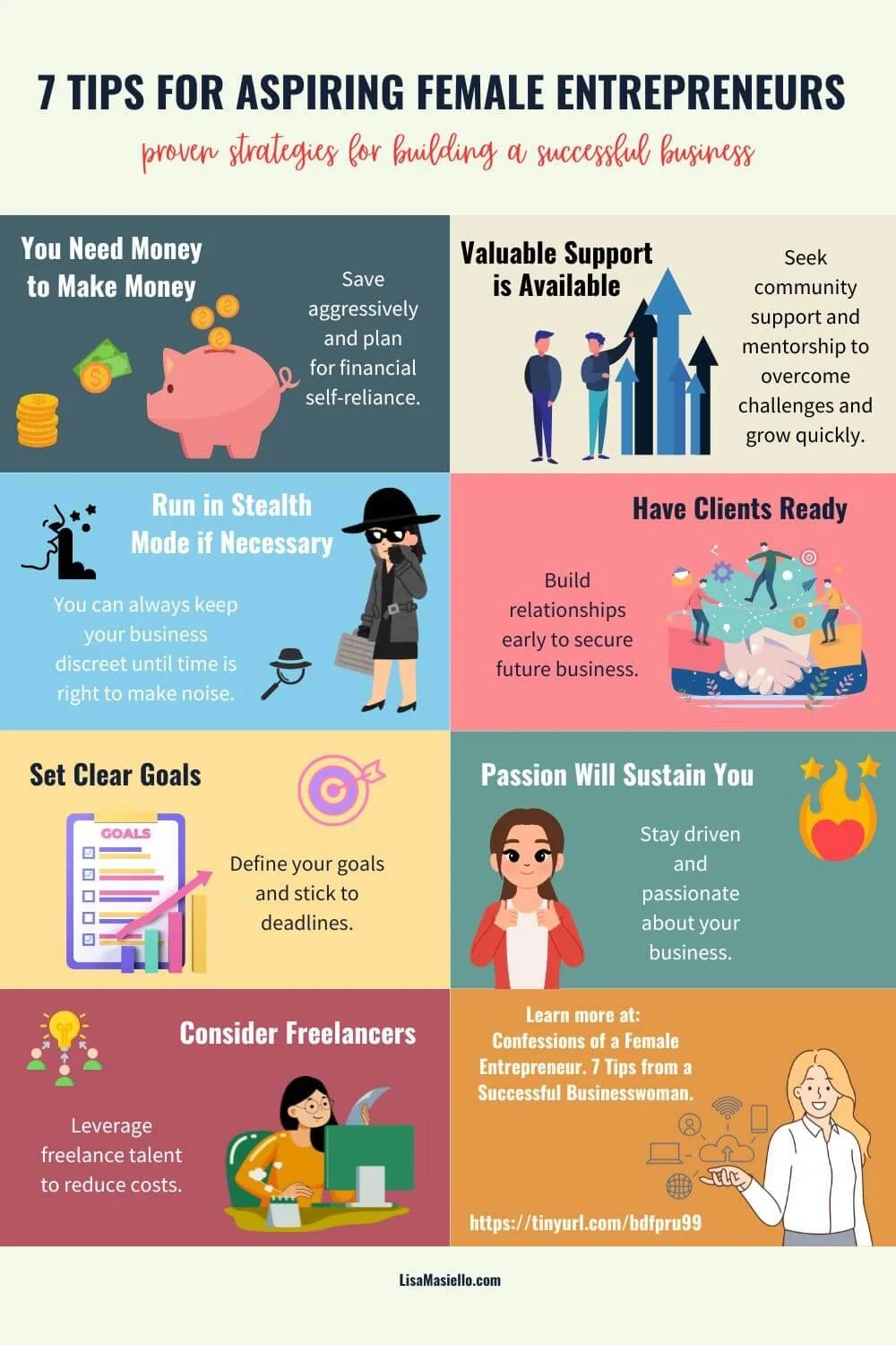 Infographic showing seven tips for aspiring female entrepreneurs. Includes strategies for building a successful business.