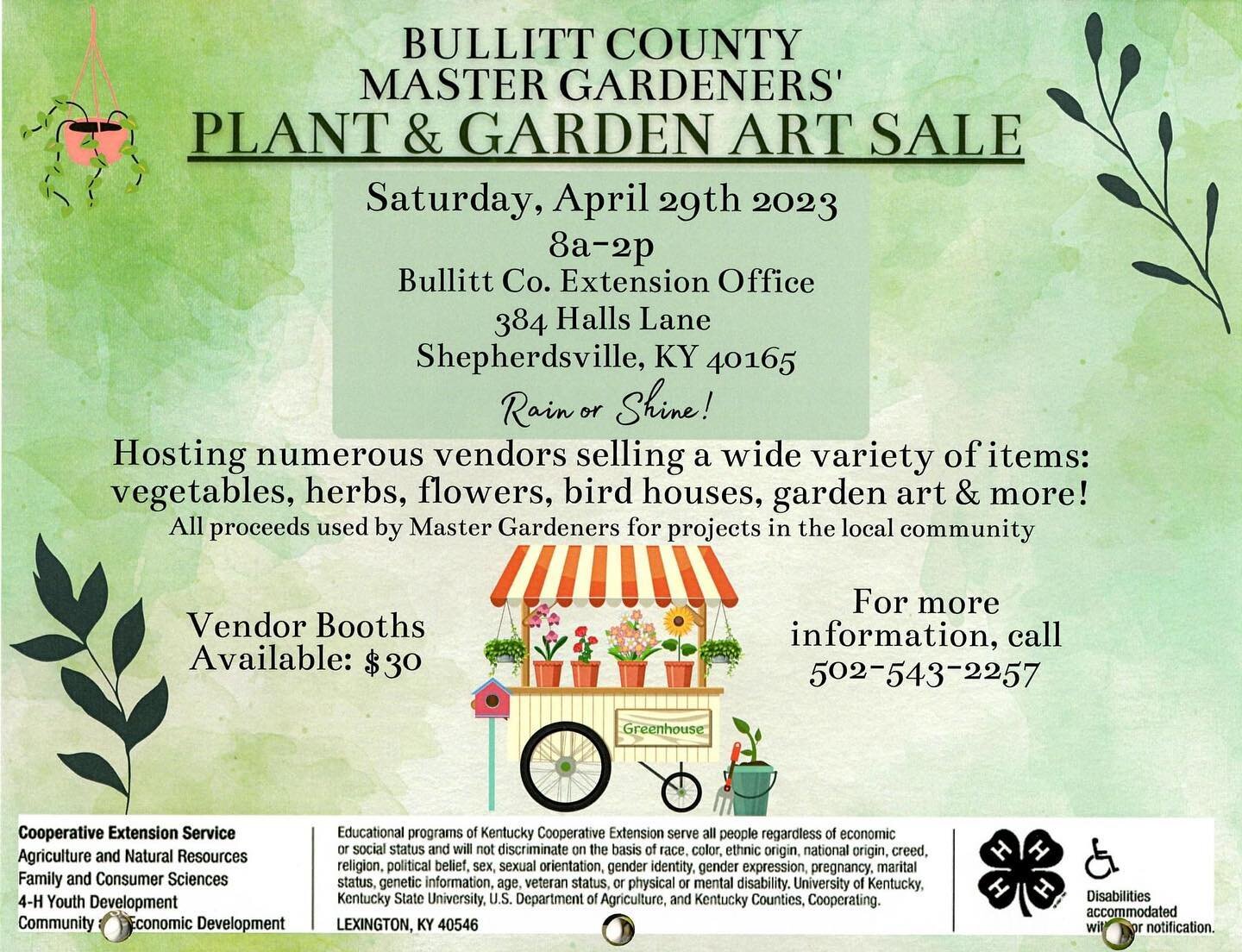 Mark your calendar for the annual Bullitt County Masters&rsquo; Gardener Plant and Garden Art Sale this April. Be sure to come out and see us. We&rsquo;ll have vegetable plants, all kinds of herb plants, our own local honey ,beeswax lip balms and goa