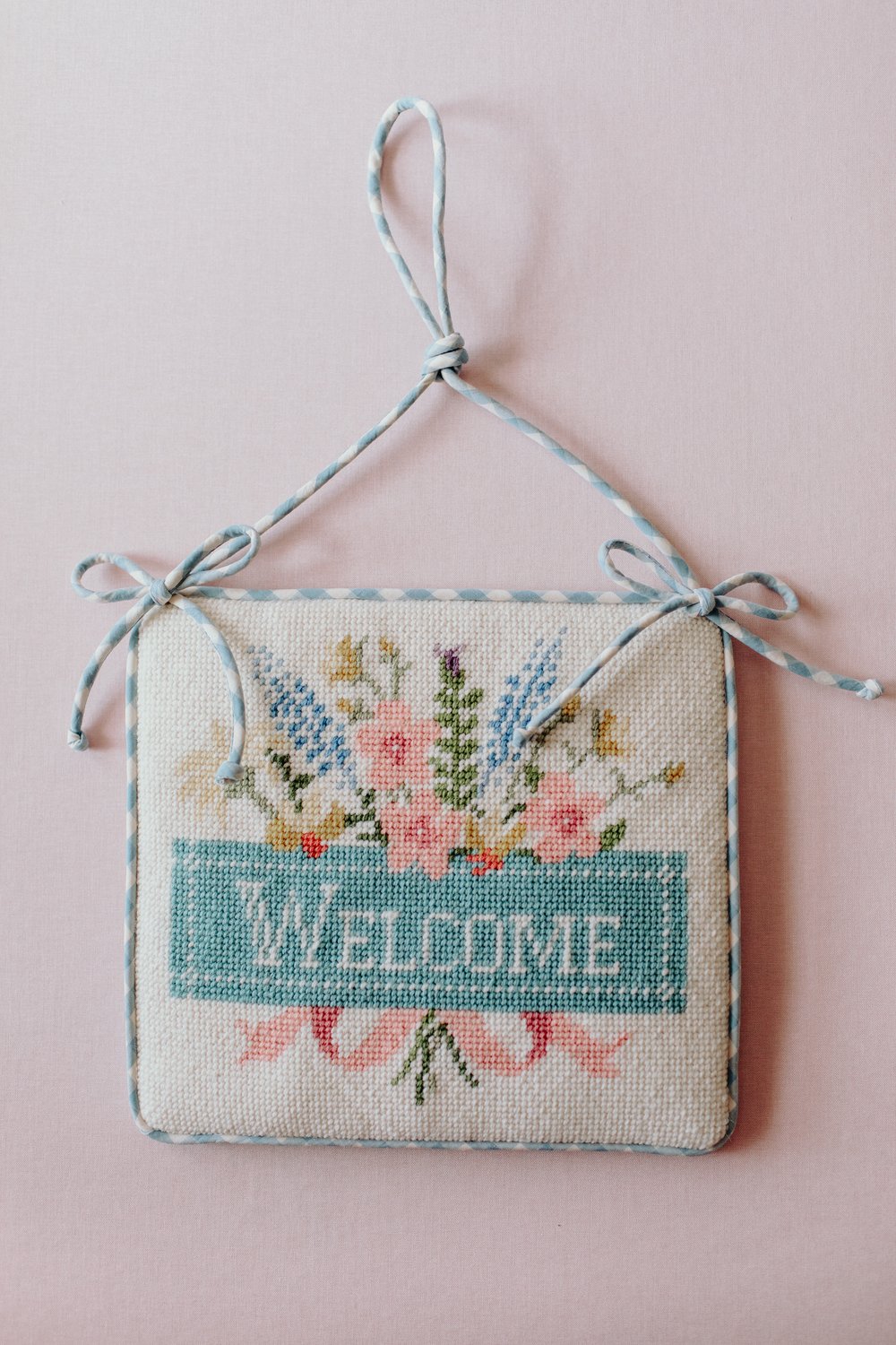  Welcome Canvas Door Hanger. Finished by Picket Fence Needlepoint.  