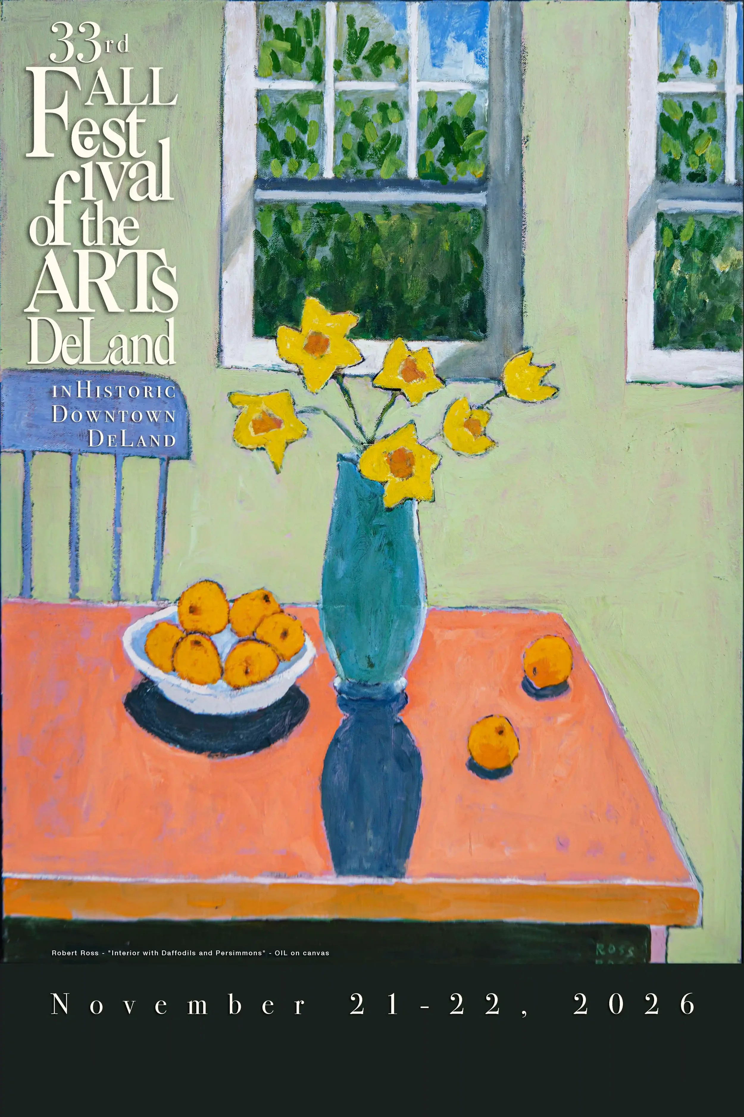 Created by Winter Park artist Robert Ross, the vividly colored still life of persimmons and flowers in a vase is in the style of Henri Matisse, one of the significant influences on Ross’ painting.