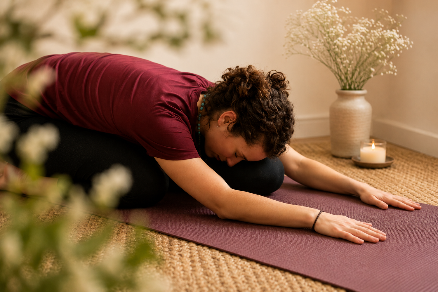 Shona resting in child’s pose on a yoga mat