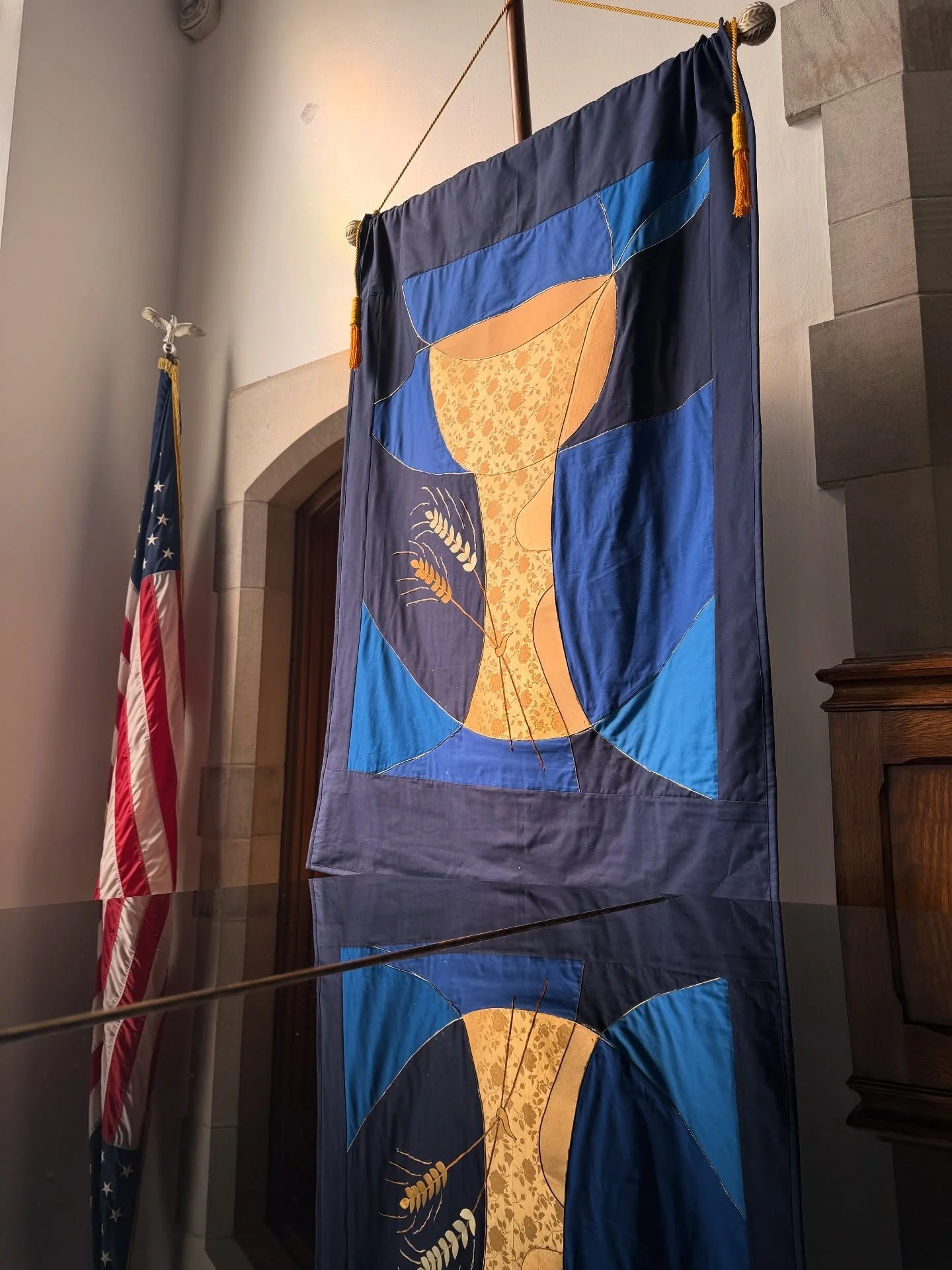 A beautiful new addition to our Sanctuary&mdash;just in time for World Communion Sunday. The Craft Group has created a stunning banner now hanging in the Sanctuary.

Special thanks to Joy Maltese, Sharon Bower, Jan Carnes, and Pat Priebe for sharing 