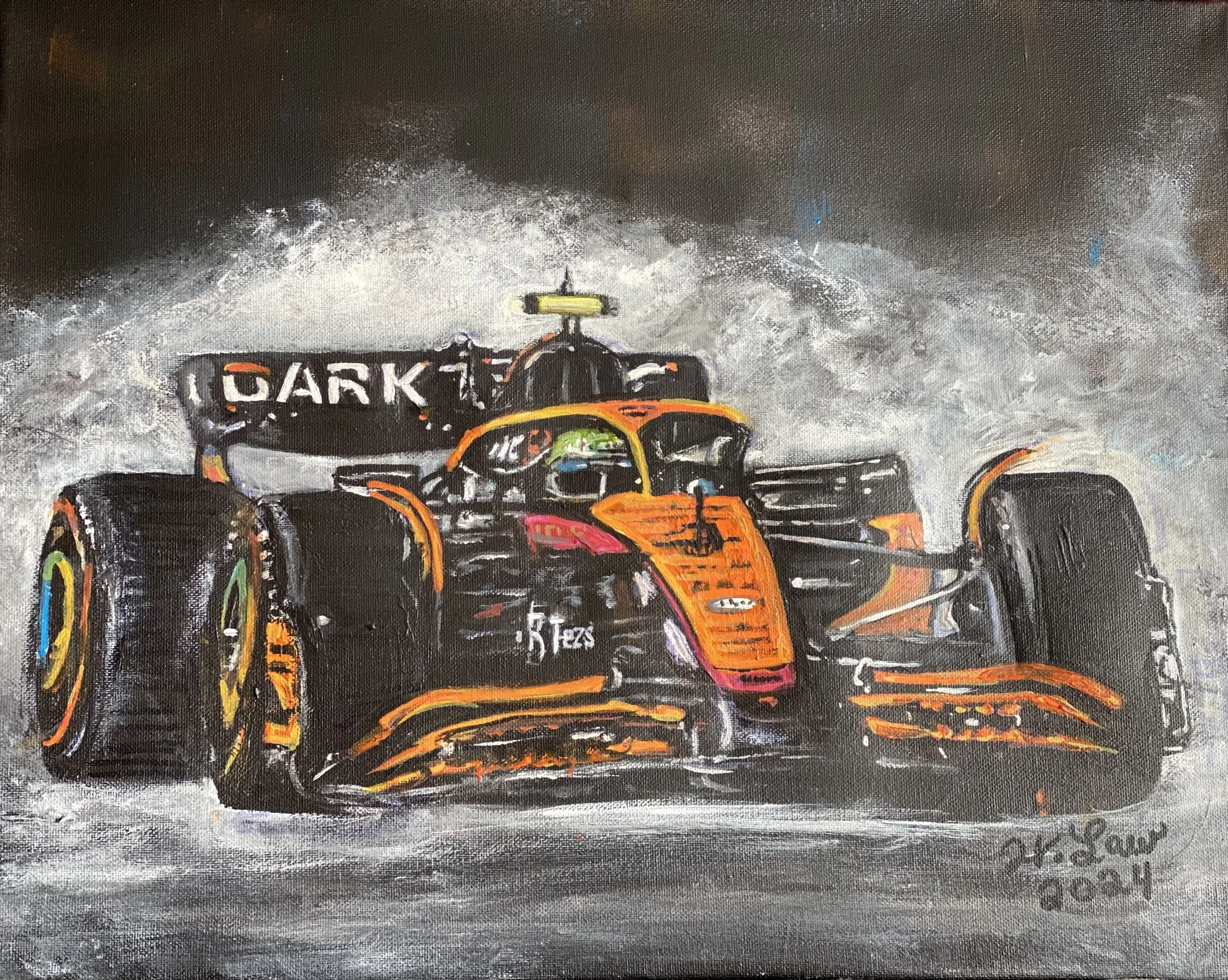 Painting of a racing car on a wet track, driven by a driver in a racing suit and helmet, with spray of steam behind it. The car features orange, black, and pink colors, with sponsor logos and the word 'DARK' visible.