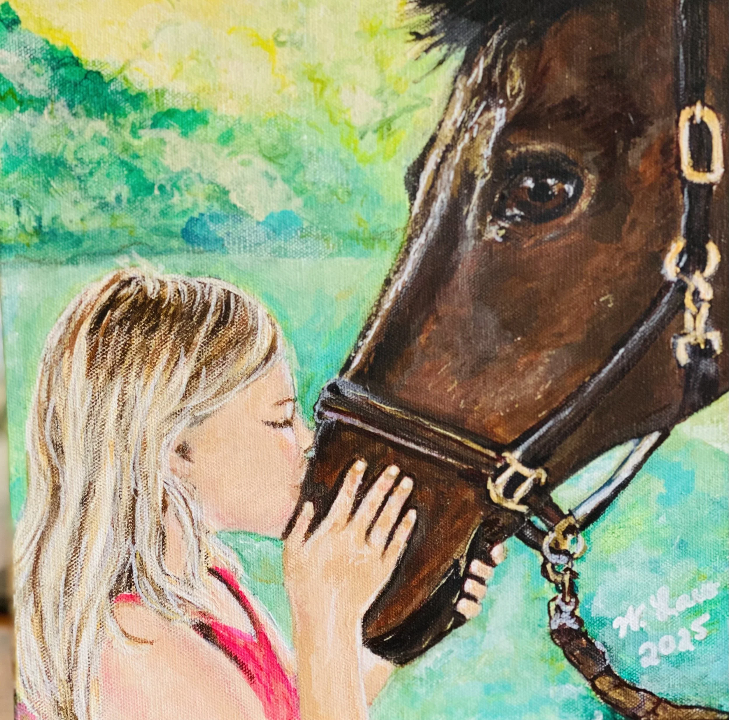 A lovely painting of a young girl kissing her docile horse on the nose. Signed by artist Wendy Law. 