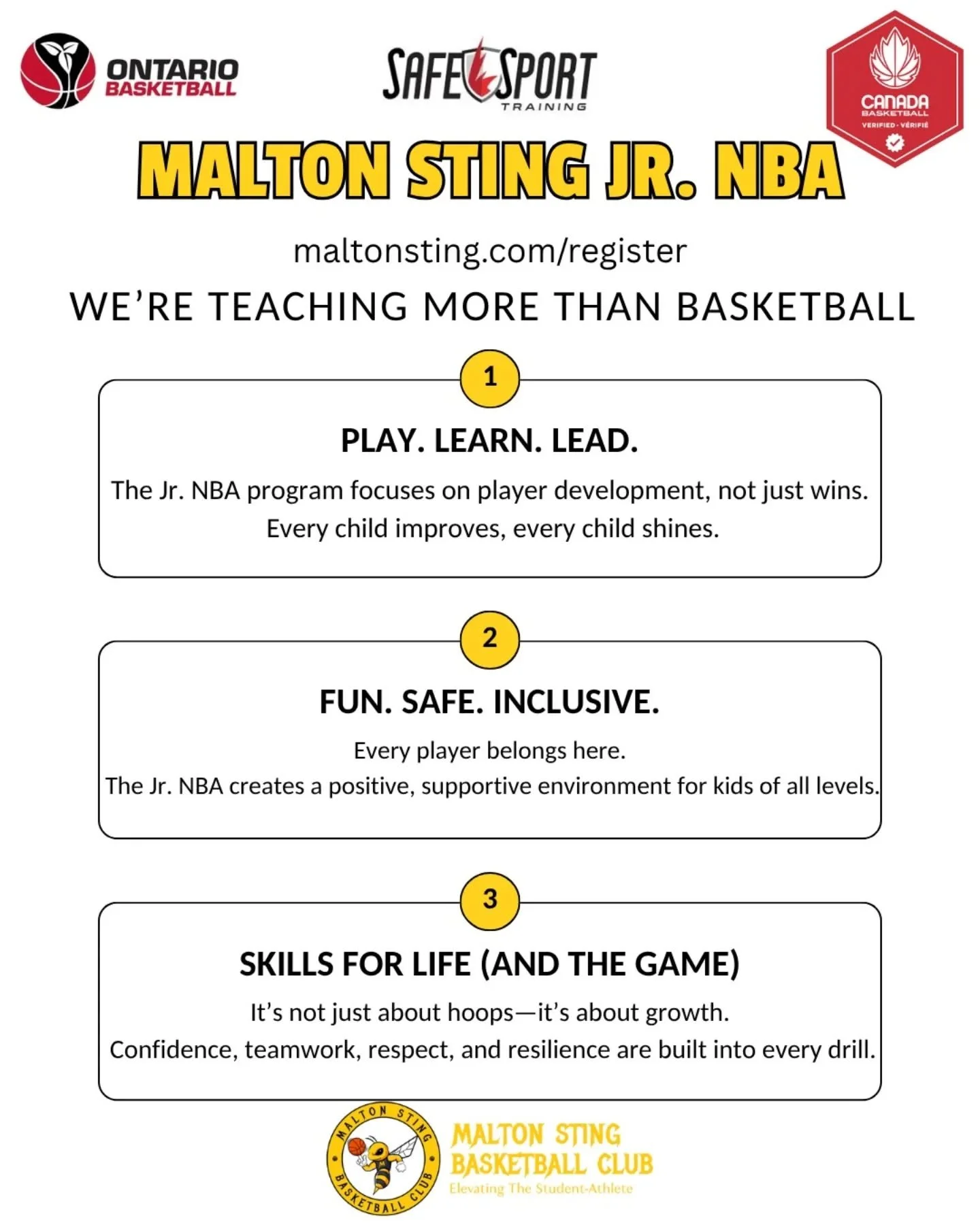 Register now!

Start their journey with Malton Sting Jr. NBA today!

Basketball is just the start. 🏀

At Jr. NBA, every pass, shot, and drill helps your child build confidence, leadership, and resilience&mdash;skills that last far beyond the court


