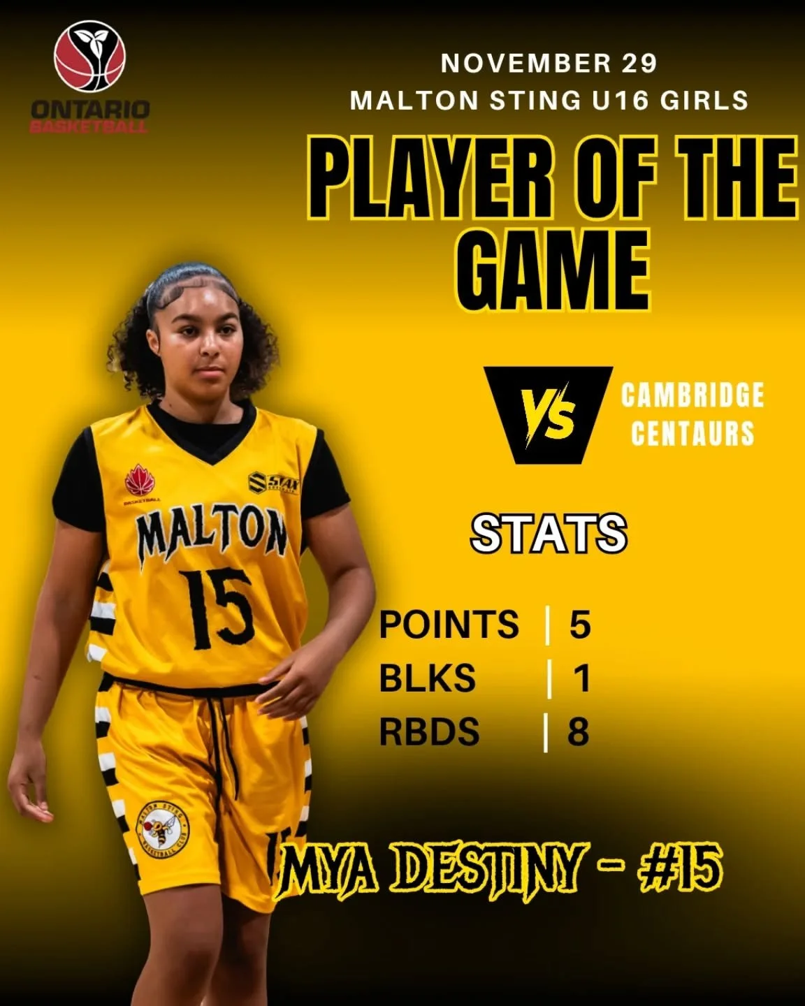 U16 GIRLS PLAYER OF THE GAME (Week 1 Game 1) | Mya Destiny (#15)

First-ever Malton Sting U16 girls game in the books!

The player of the Game Mya Destiny came out strong with 5 points, 8 boards, and a BIG block. 

The future is bright! 🐝💛🏀

#girl